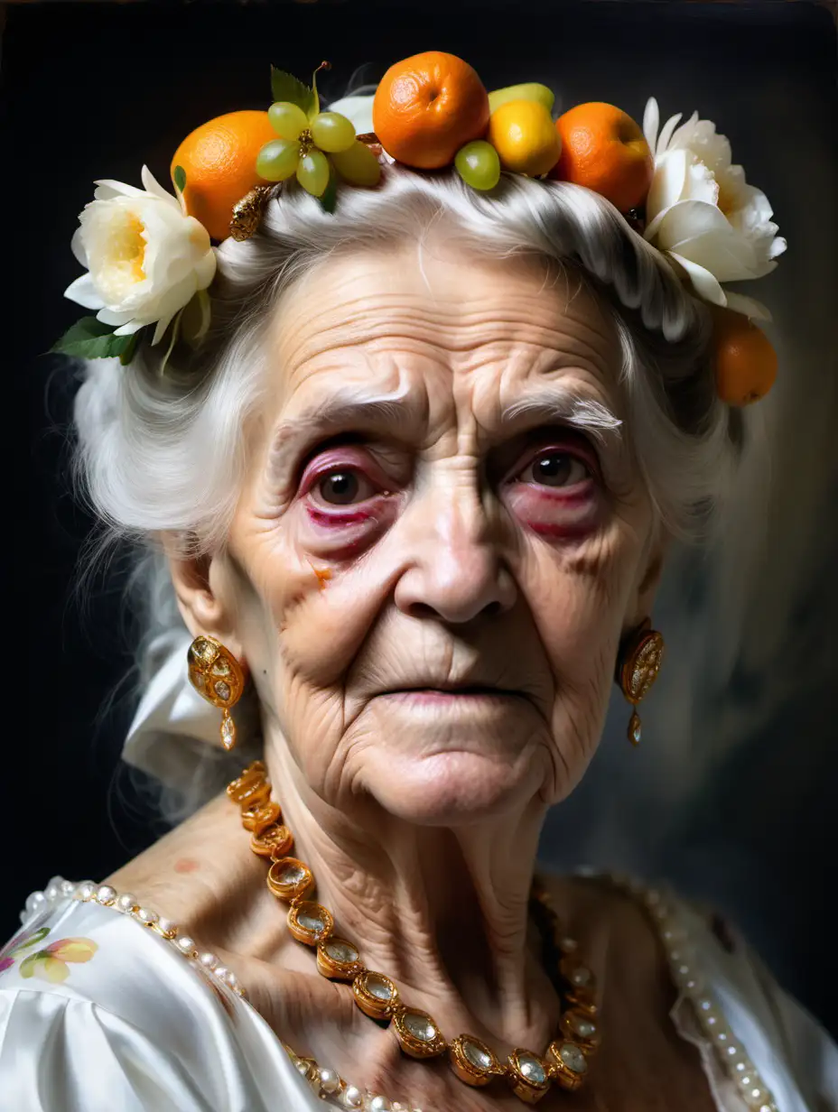 Elderly Woman in Elegant White Gown with Golden Jewelry and Floral Adornments