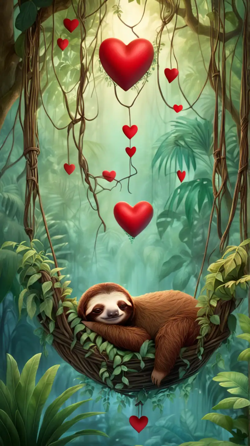 floating red heart in the jungle, hanging vines, sloths sleeping, dusk