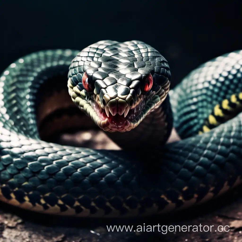 Злая змея смотрящая прямо из брутально извивающийся тело