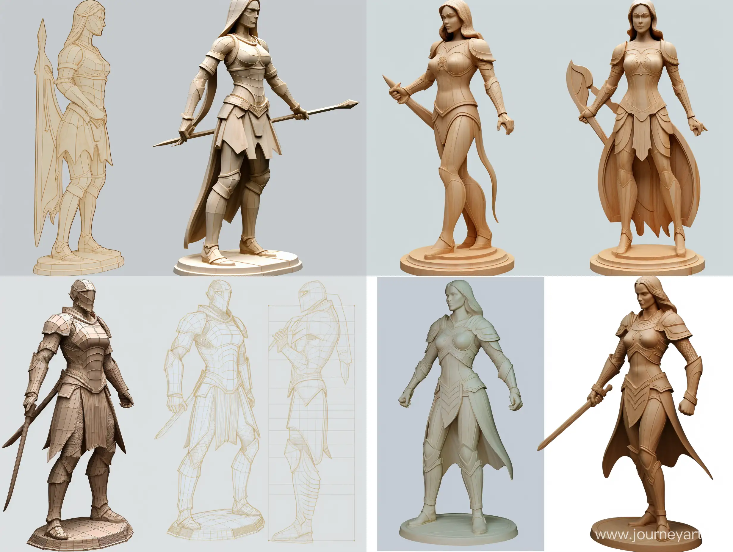 Professional sketch for wooden sculpture, full-sized Ultra detailed illustration of the silhouette of a woman, phantasmagorical figure, (((translucent skin:1.5))), (((translucent body:1.5))), Concept art, professional dynamic character, front back view and side view, wood carving, ready for battle 3d, white background, 8k Render, ultra realistic