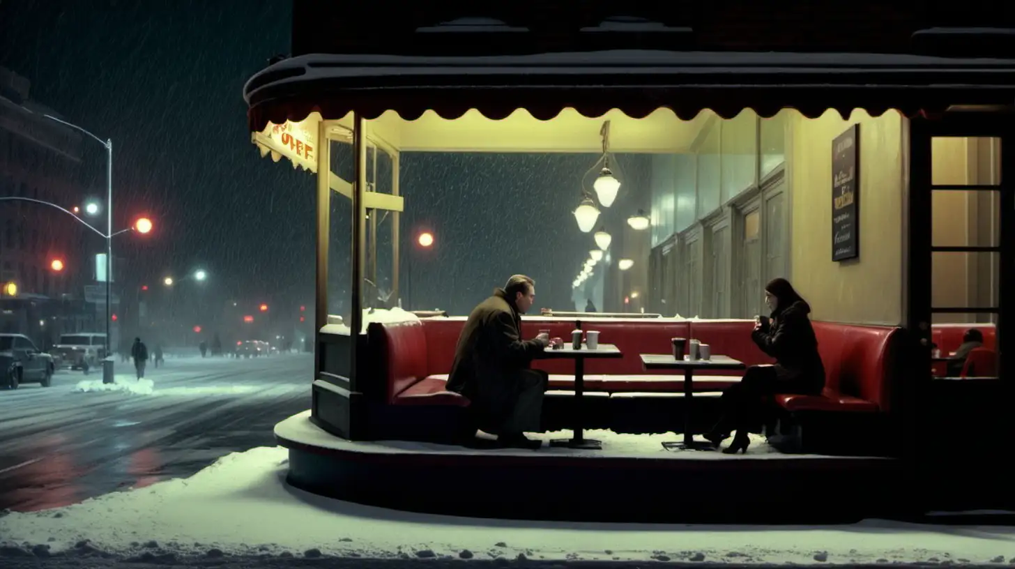 wide shot of a man and a woman sitting alone in a cafe at night during a snowstorm in NYC Edward Hopper style