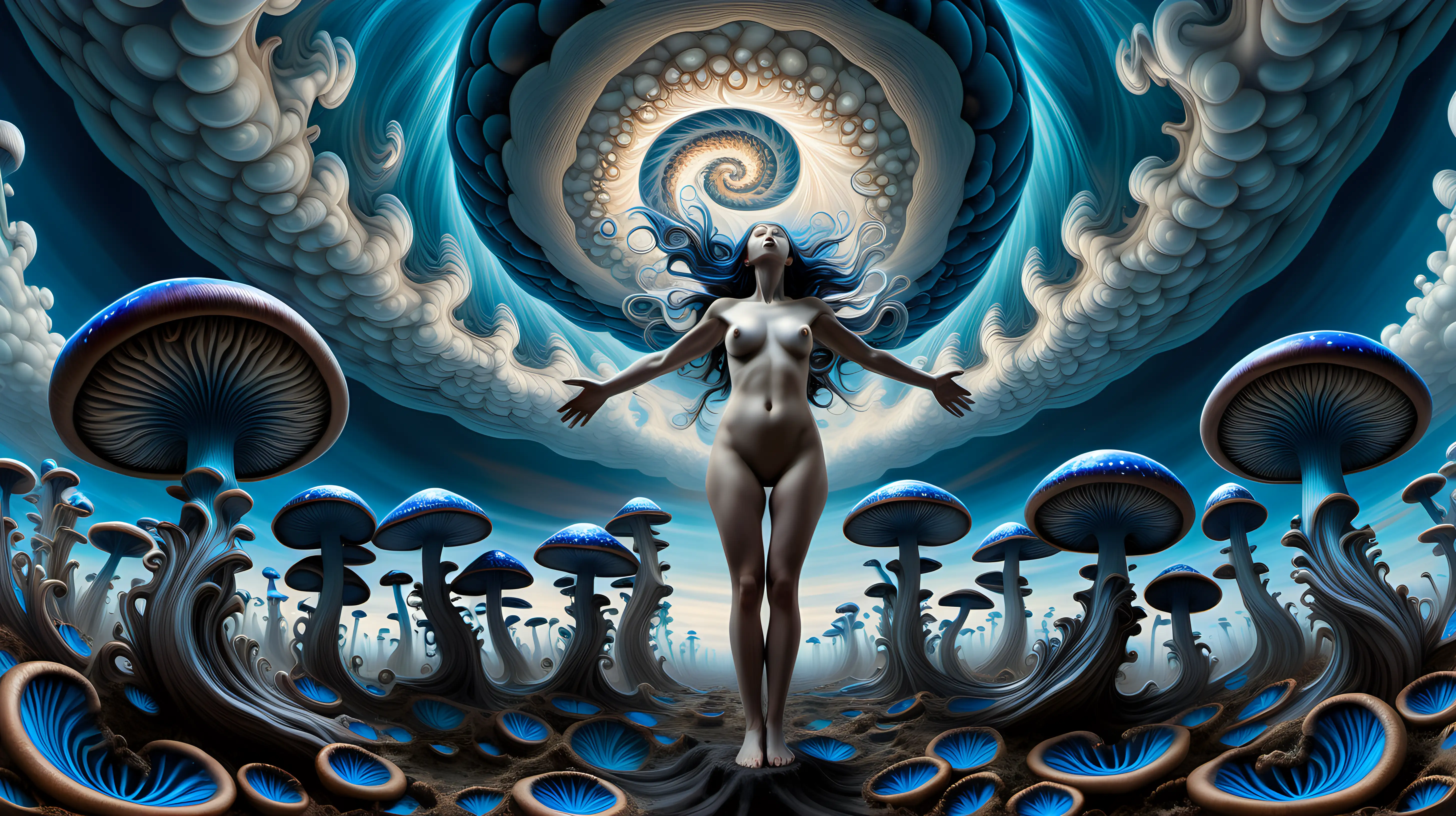 Ethereal Nude Figure Amidst Psychedelic Fractal Sky with Blue Mushrooms