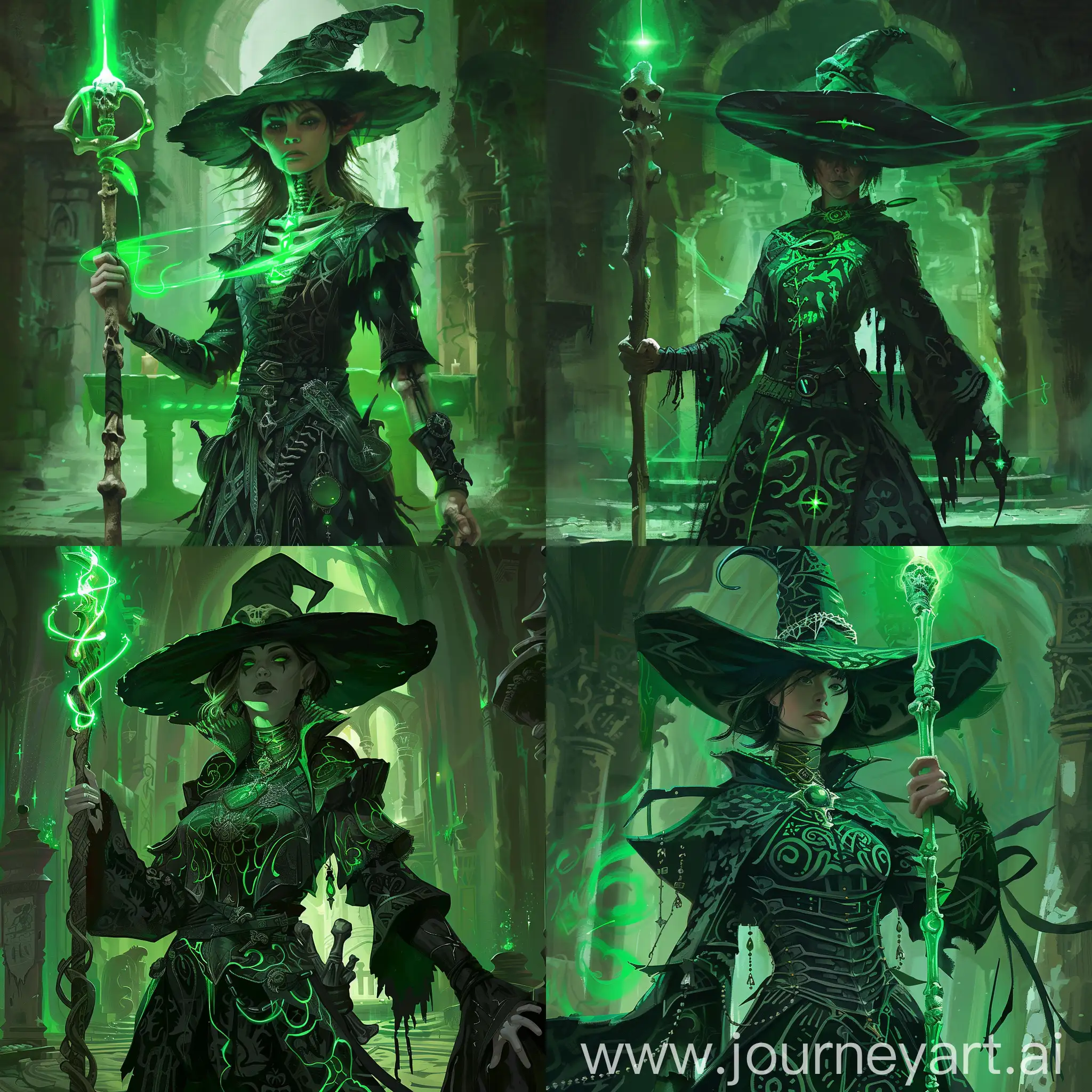 dnd dark fantasy theme,a witch wearing a dark green rob with black patterns,has a dark green hat.holding a staff made from bones with green light top of it.She is female.background is green altar in catacombs.
