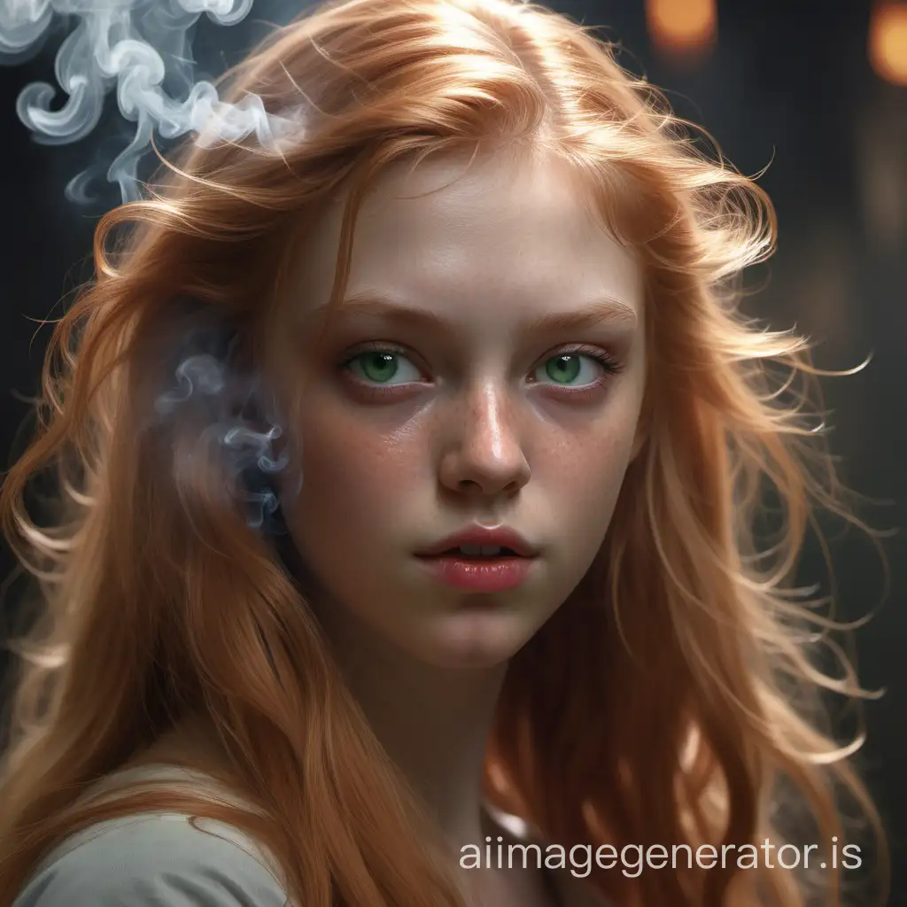 18 year old girl, beautiful, green eyes, long strawberry blonde hair, flawless, sharp focus,  smoke,by pascal blanche rutkowski repin artstation hyperrealism painting concept art of detailed character design matte painting, 4 k resolution