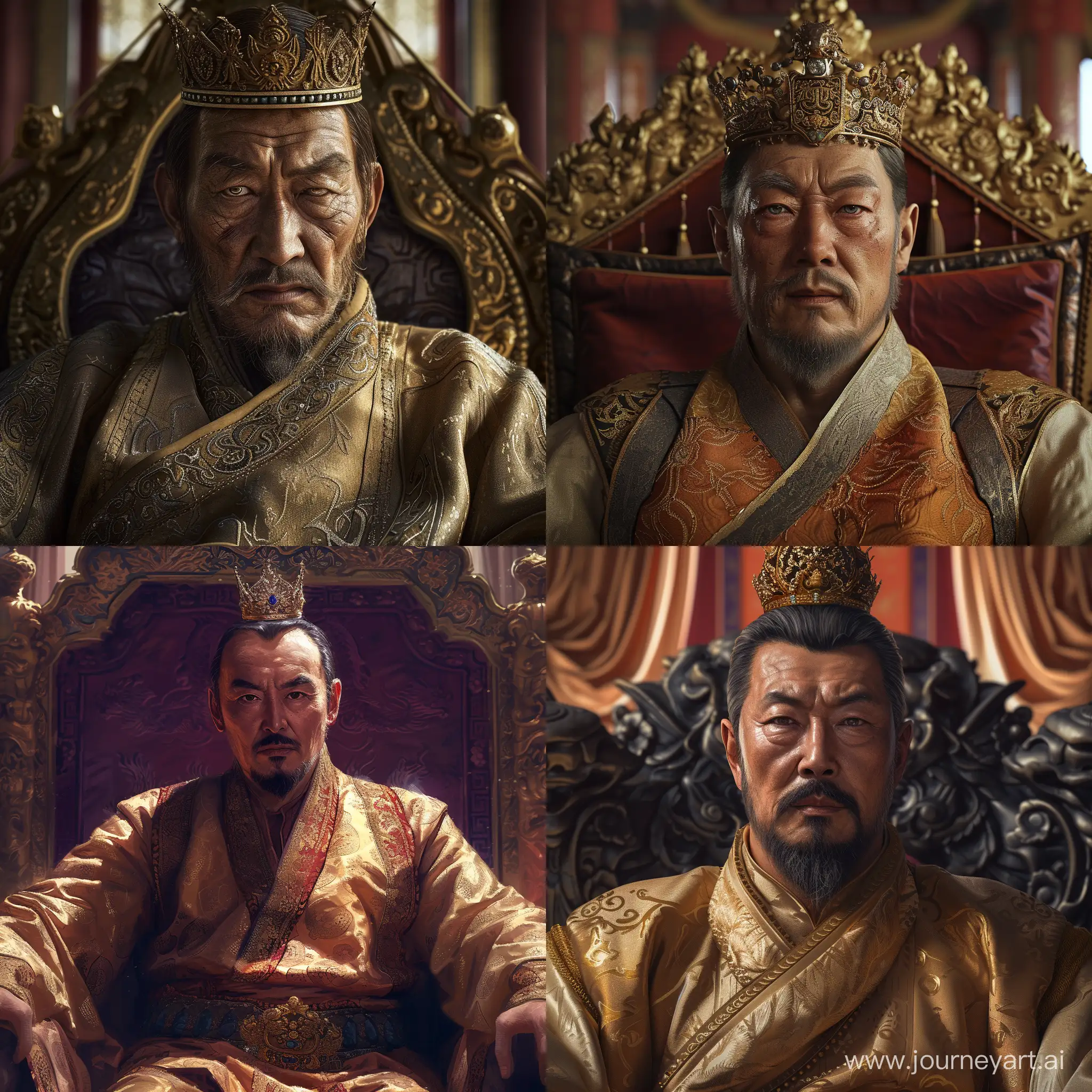 50 years old Turko-Mongol conqueror Tamerlane sitting on throne in palace. He has asian monolid eyes. He is wearing silk attire and Turkic khan crown. He seems proud and brave. Close up realistic image.