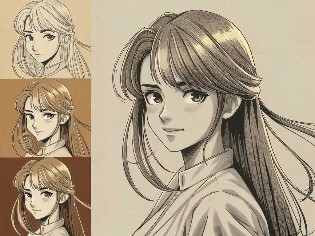 sketchbook drawing studies, step by step drawing a beautiful classic portrait photography, anime style,  pencil studies