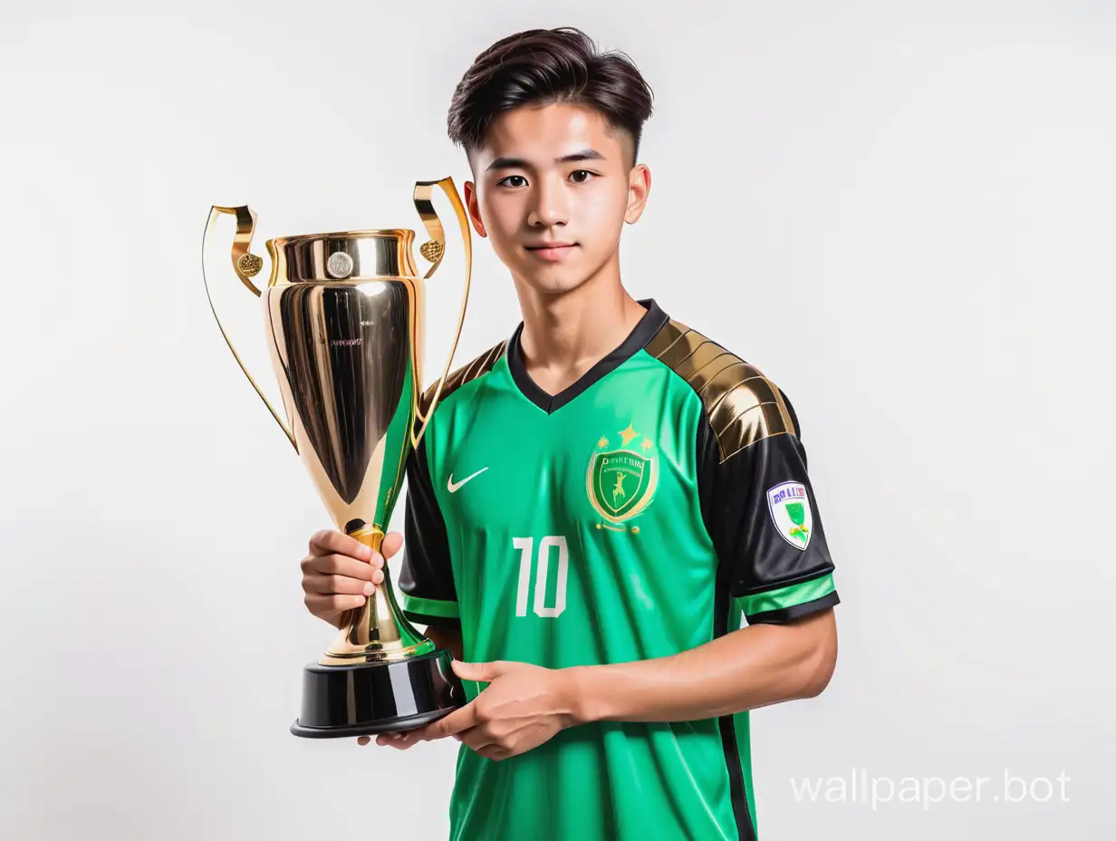 soccer guy 20 years old in black-green uniform holding champions cup photo white background 16K white background