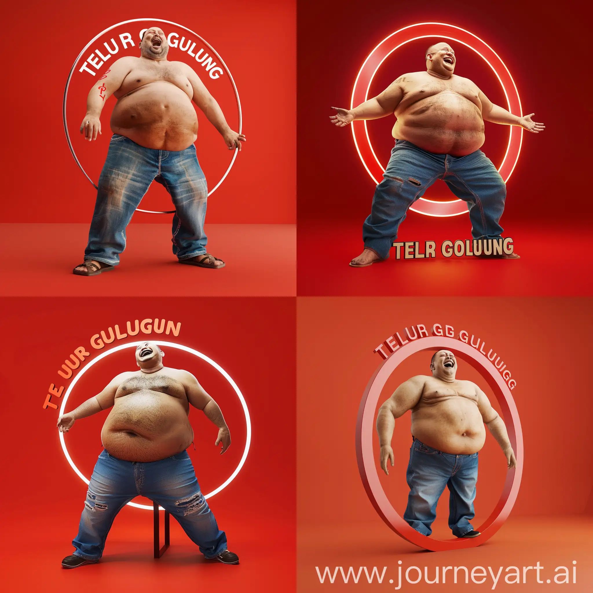 Joyful-Laughter-Realistic-3D-Image-of-a-Cheerful-Overweight-Man-in-TELUR-GULUNG-Circle-Frame-on-Vibrant-Red-Background