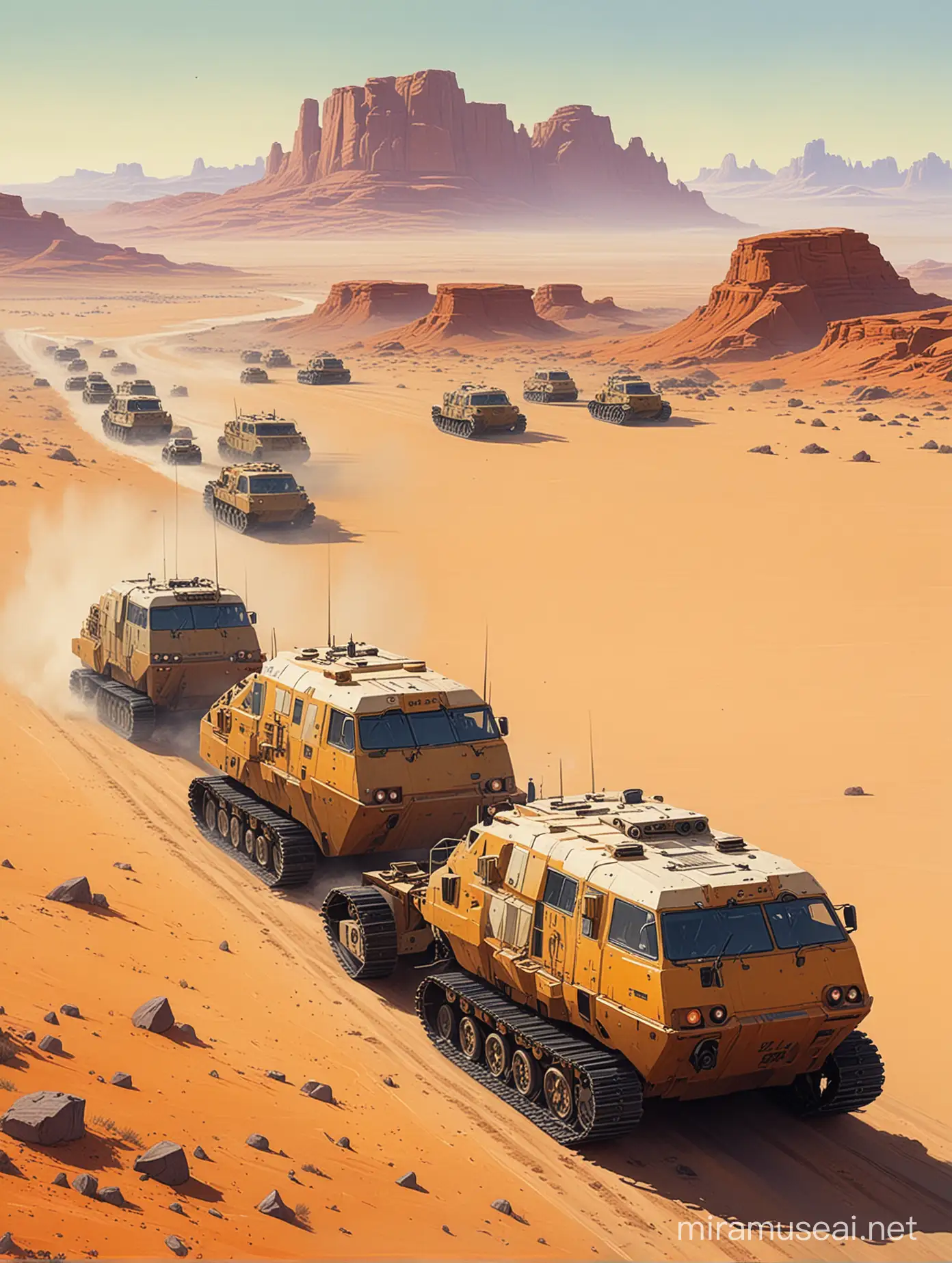 Colossal Tracked Vehicles Crossing Desert Landscape in Muted Pastel Tones