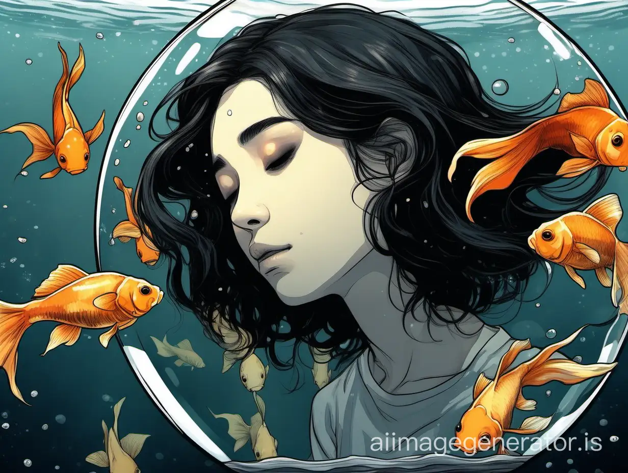 Create an illustration of a dark-haired girl with her head submerged inside a spherical aquarium filled with telescope goldfish. Draw her with closed eyes and a sad expression, conveying a sense of despondency or indifference towards life. Illustrate her hair floating gracefully in the water around her face. Set the scene against a background of black emptiness, emphasizing the feeling of isolation and introspection.