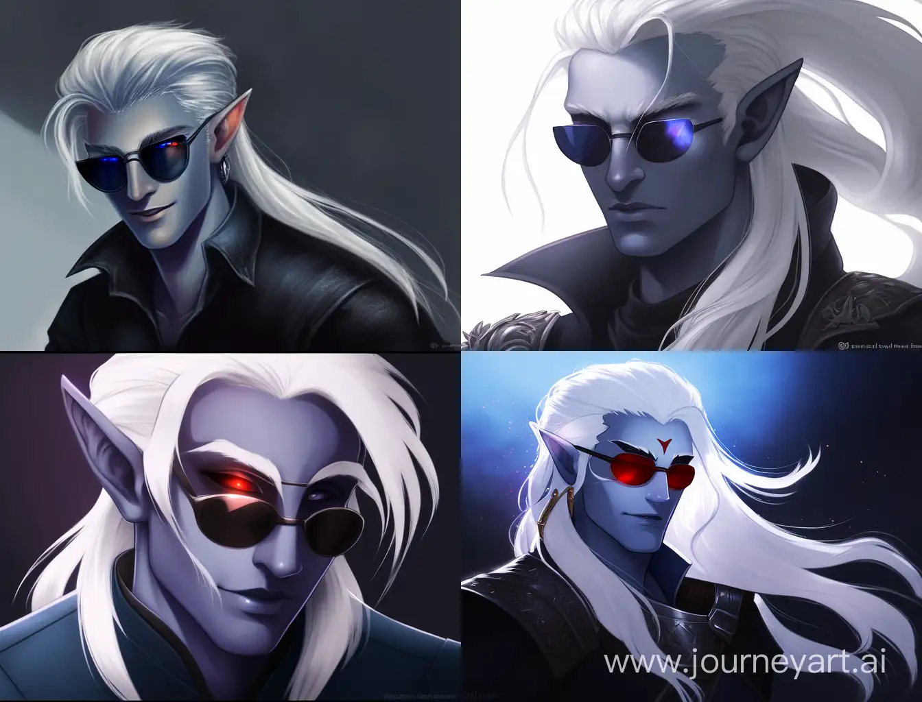 (masterpiece), 1male, Male Drow, best quality, expressive eyes, perfect face, young face, beautiful face, D&D, Drow, Dark Elf, absolute dark-blue skin, male, young 16 years old, red eyes, long white hair, absolutely black sunglasses on face, drow male prince's clothes, a wide open smile, epic pose, Goddess Aelistraee symbol, A clear Full moon in the night sky, night, undead necromancy aura, holy aura.