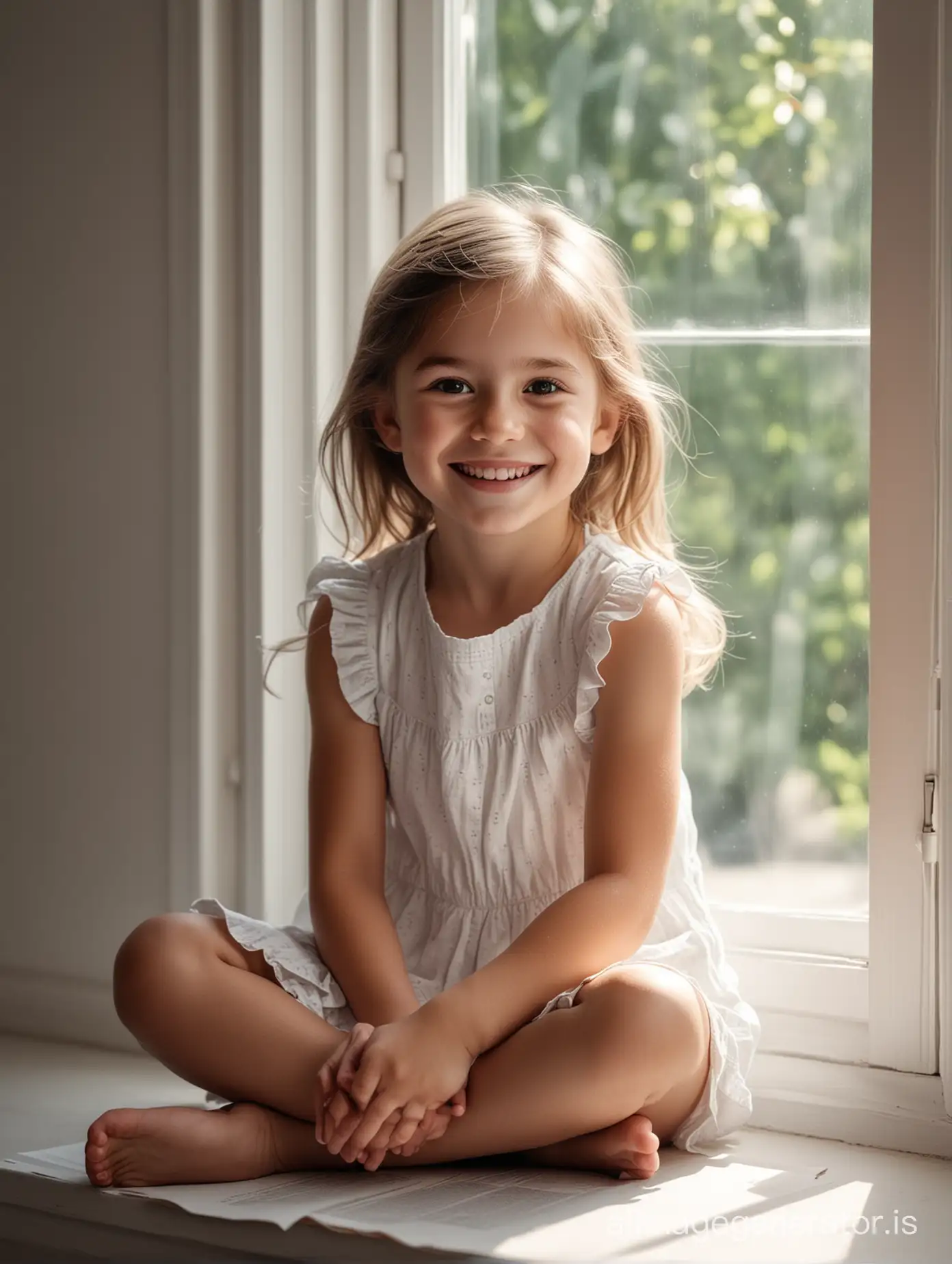 High-quality photo: full body portrait of a smiling little girl sitting by a window, showing us a white paper. Photorealistic, high contrast, highly detailed, awesome lighting, 4k resolution, cinematic. The lighting from the window should highlight the texture and realism of her skin and hands.