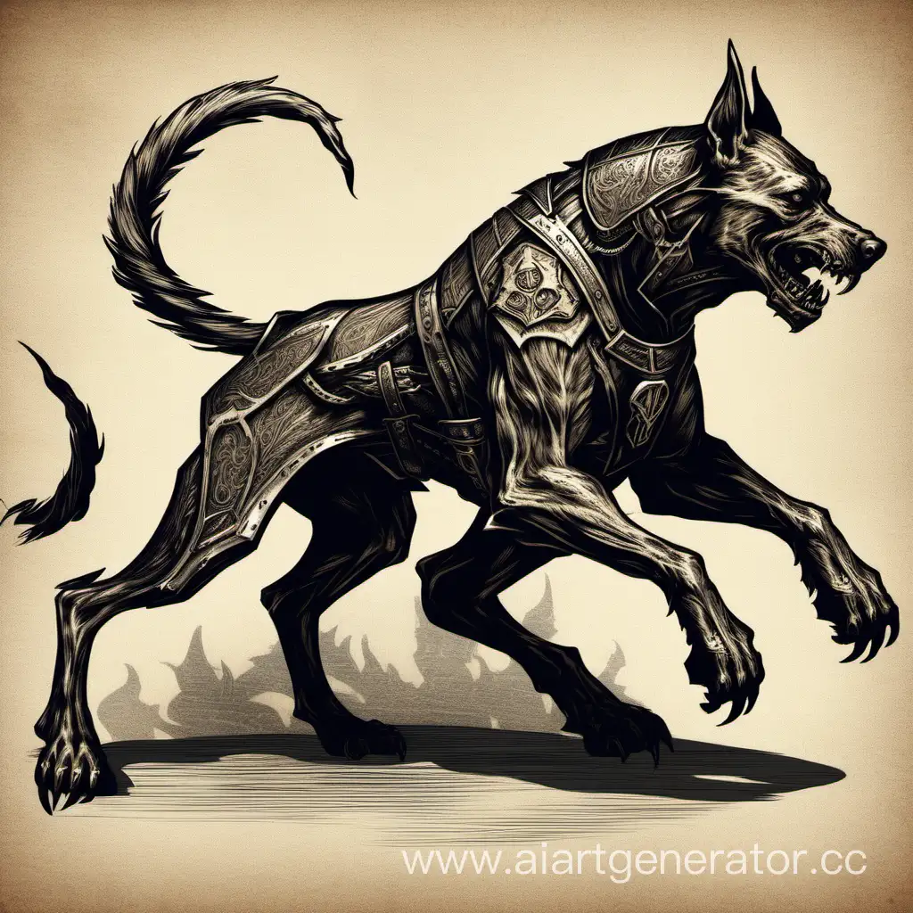 Fantasy race, a  hell hound, engrave style