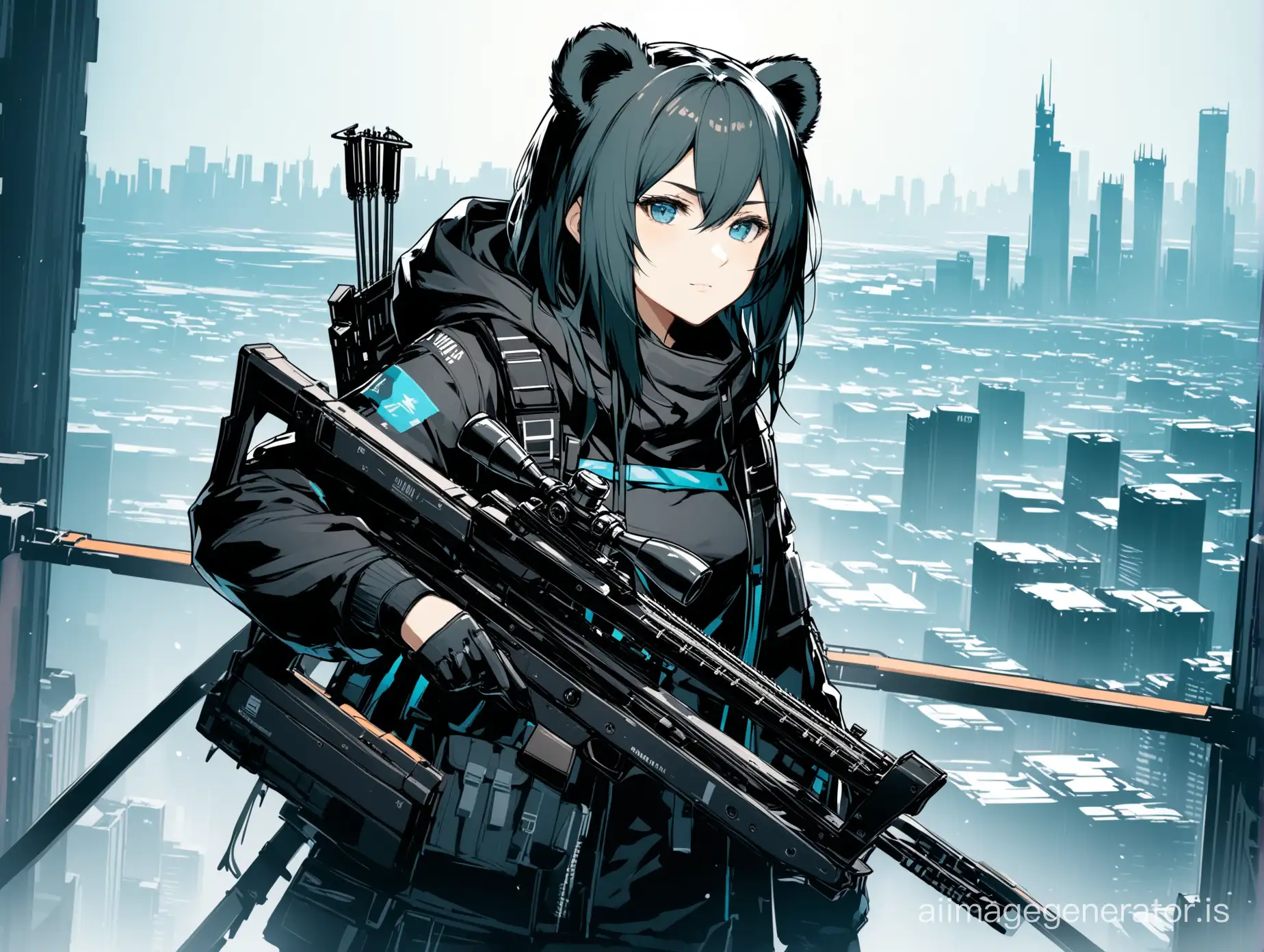 Arknights, (((Arknights))) ursus girl, bear ears, with a 
crossbow, against the background of the city, black clothes with blue elements