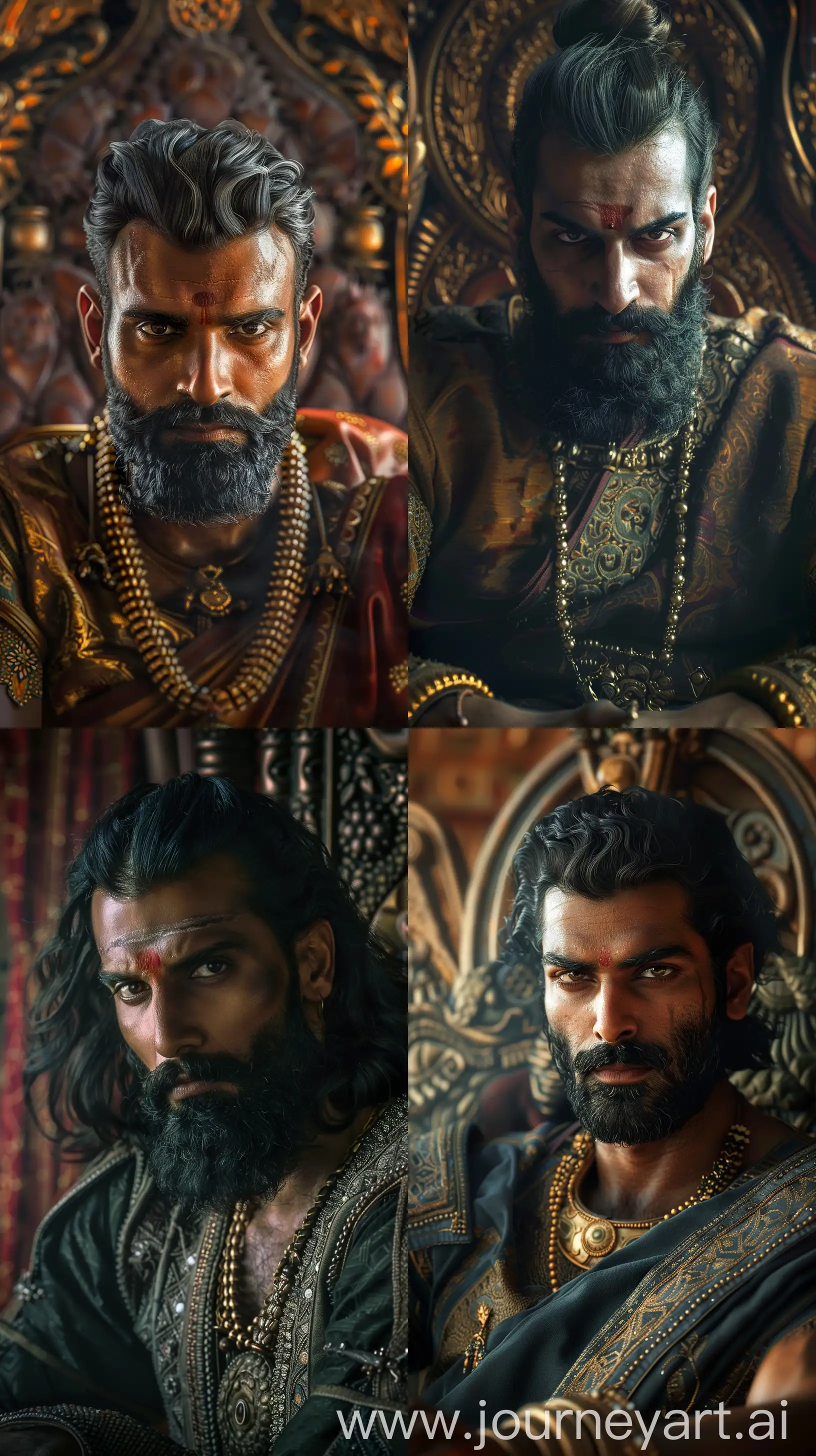 Indian king from ancient times, in his thirties, handsome, black haired and bearded, seated in a throne, close-up image, intricate details, 8k quality cinematic ambient lighting --ar 9:16 