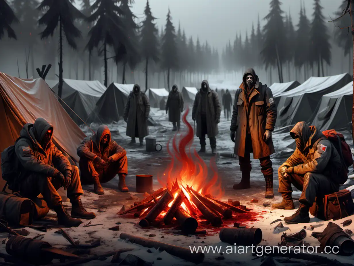 post-apocalyptic USSR survivors concept art at a campfire and tents in blood after conquest