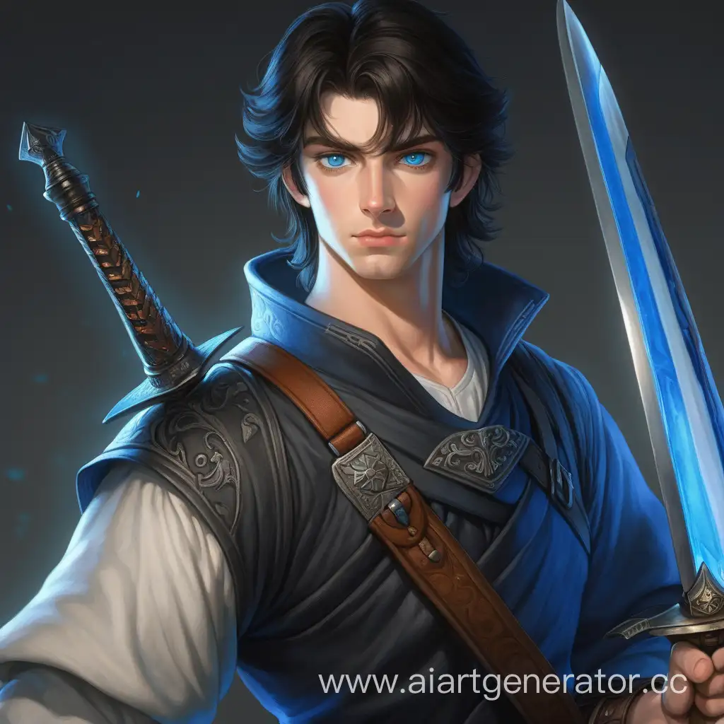 "A dark-haired young man with blue eyes and a sword.
