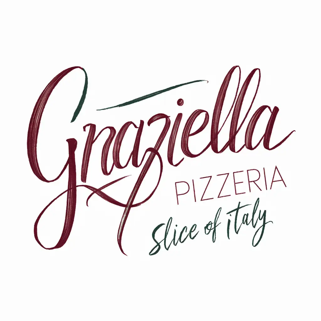 Handwriting Graziella Pizzeria logo mixed with Italian colors , Slogan Quote "Slice of Italy", No background, Thin font typography 