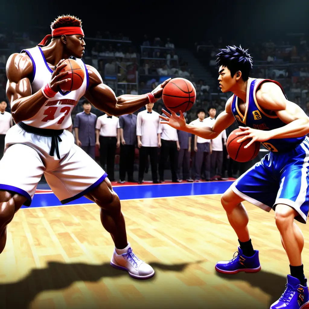 an NBA basketball player and a Korean basketball league player face off in a fierce showdown in the style of street fighter