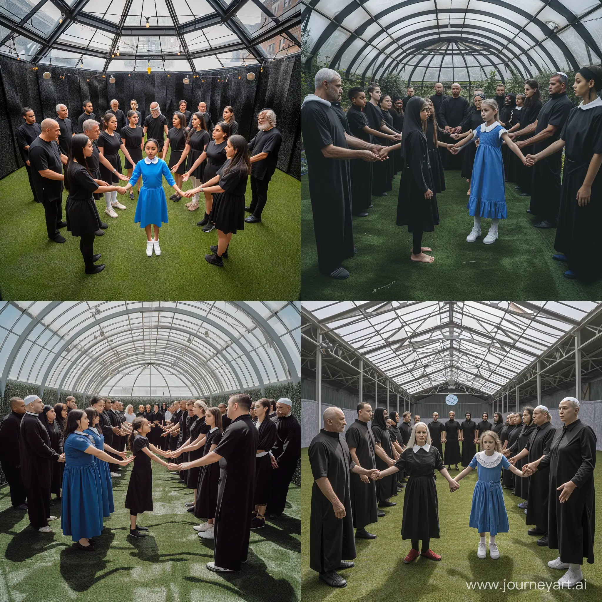 do a  group of people standing in a circle in an enclosed space with open roof and astroturf, white men and women  wearing black, dressed as muslims holding hands except with two firls two teenagers one big sister 25yr old and other younger 17yr old wearing blue dresses with white collar and white short sleeves who are standing and distrupting the circle