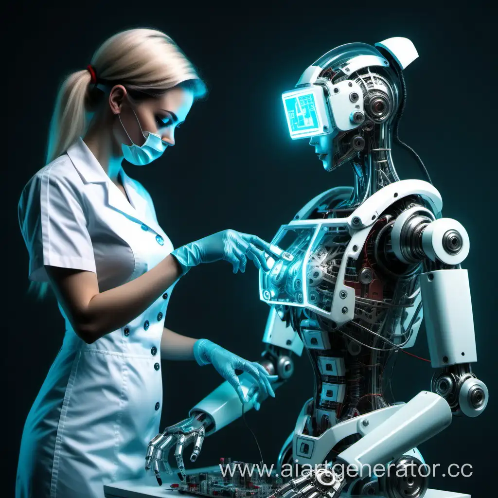 Futuristic-Cyberpunk-Nurse-Disassembling-Transparent-Robot