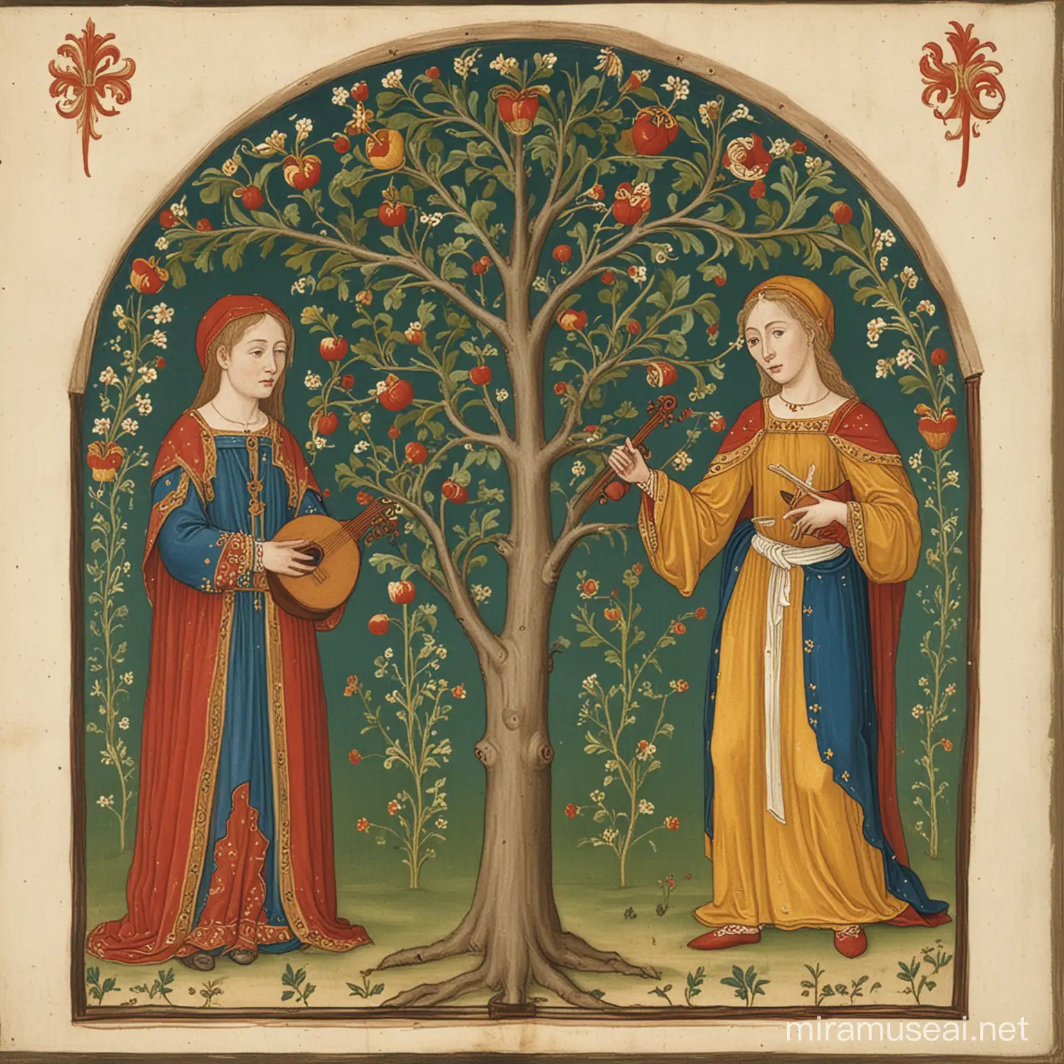 Two Medieval Musicians Performing by a Fig Tree in Codex Manesse Style