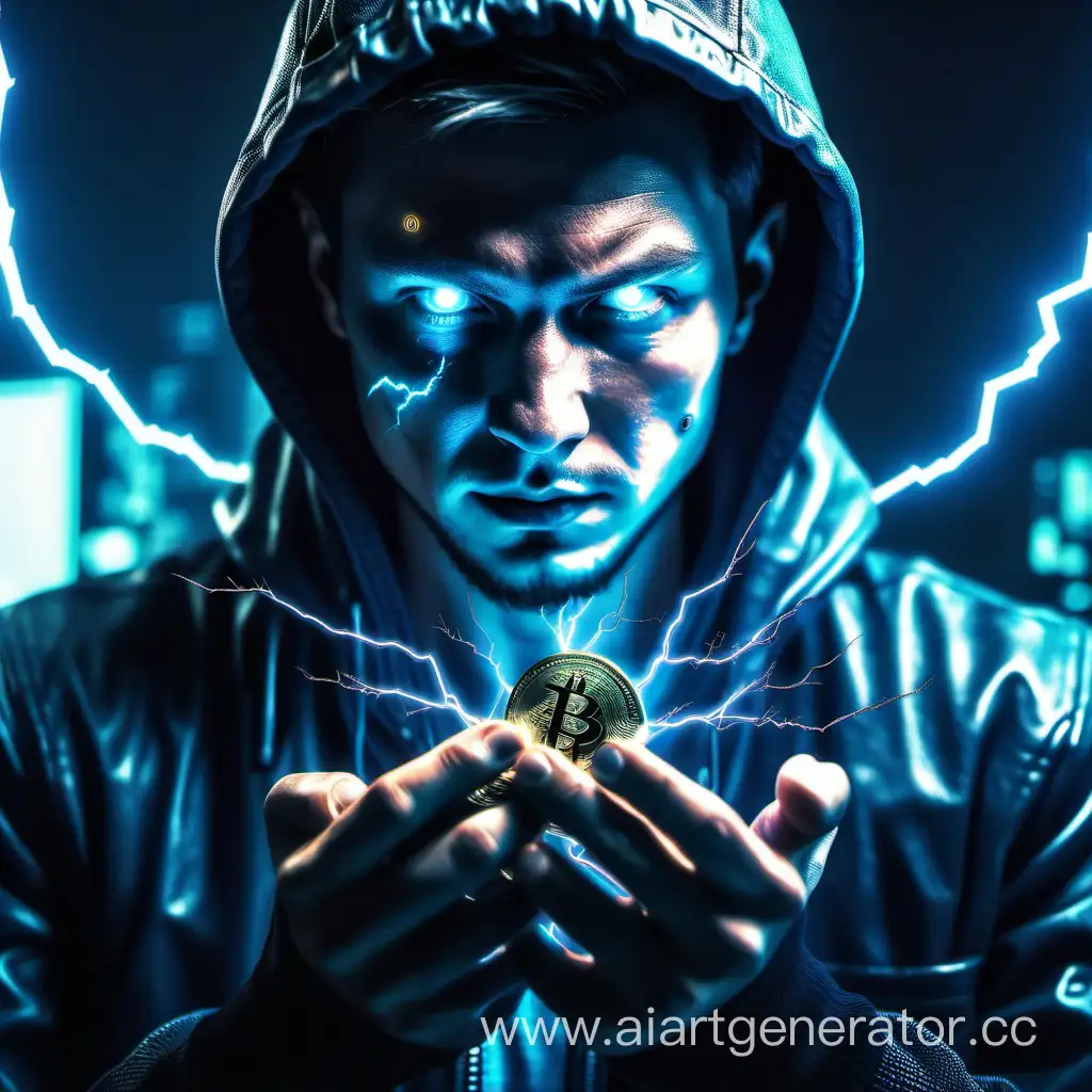 Closeup-Cyberpunk-Cryptocurrency-Man-Holds-Digital-Money-in-Lightning-Storm
