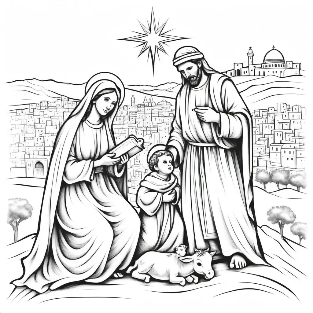 Nativity Scene Pencil Drawing for Coloring with Clear Contours