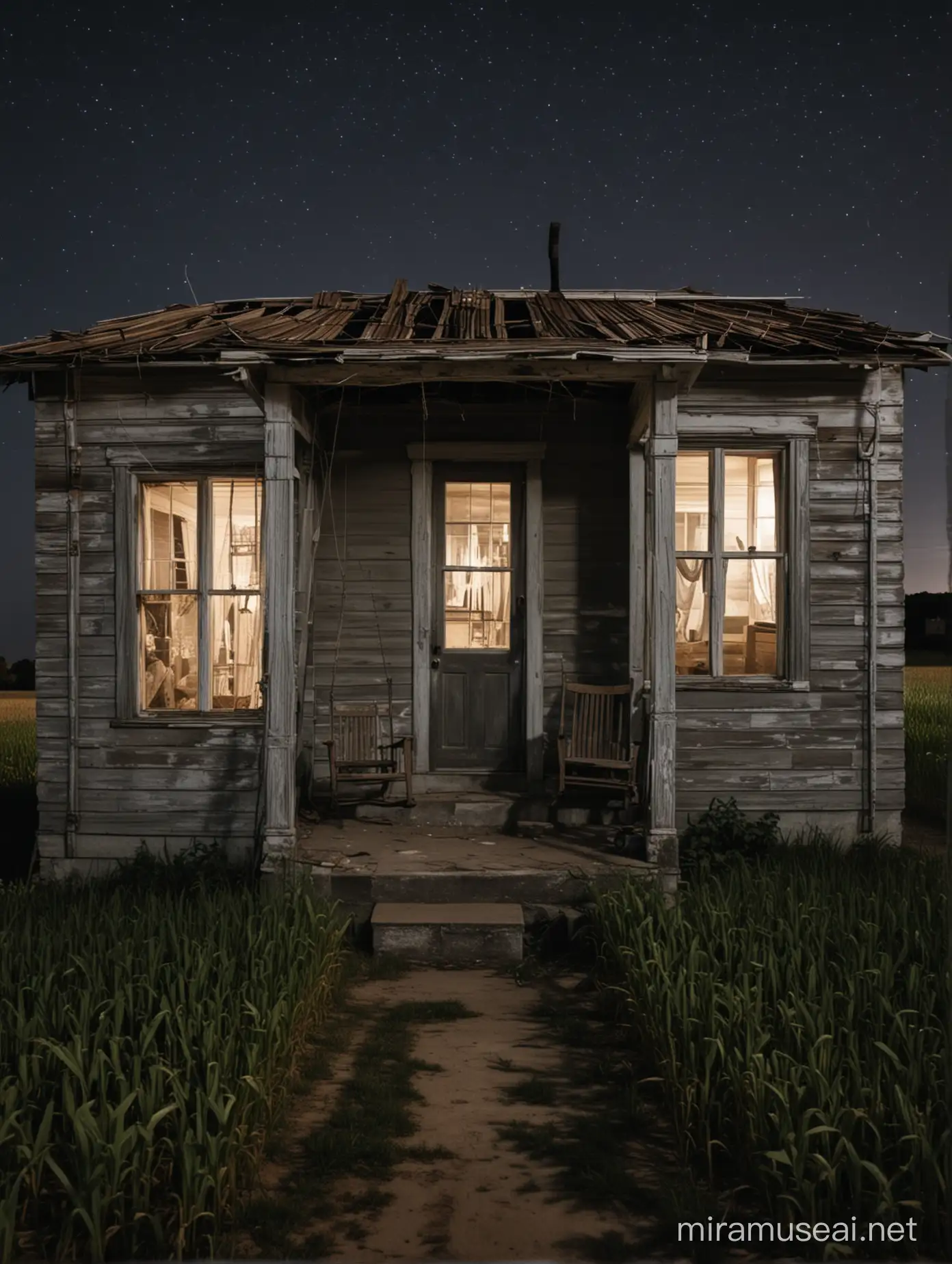 Dilapidated one story rowhouse with a porch swing on porch and cracked windows in the middle of a cornfield at night first person view