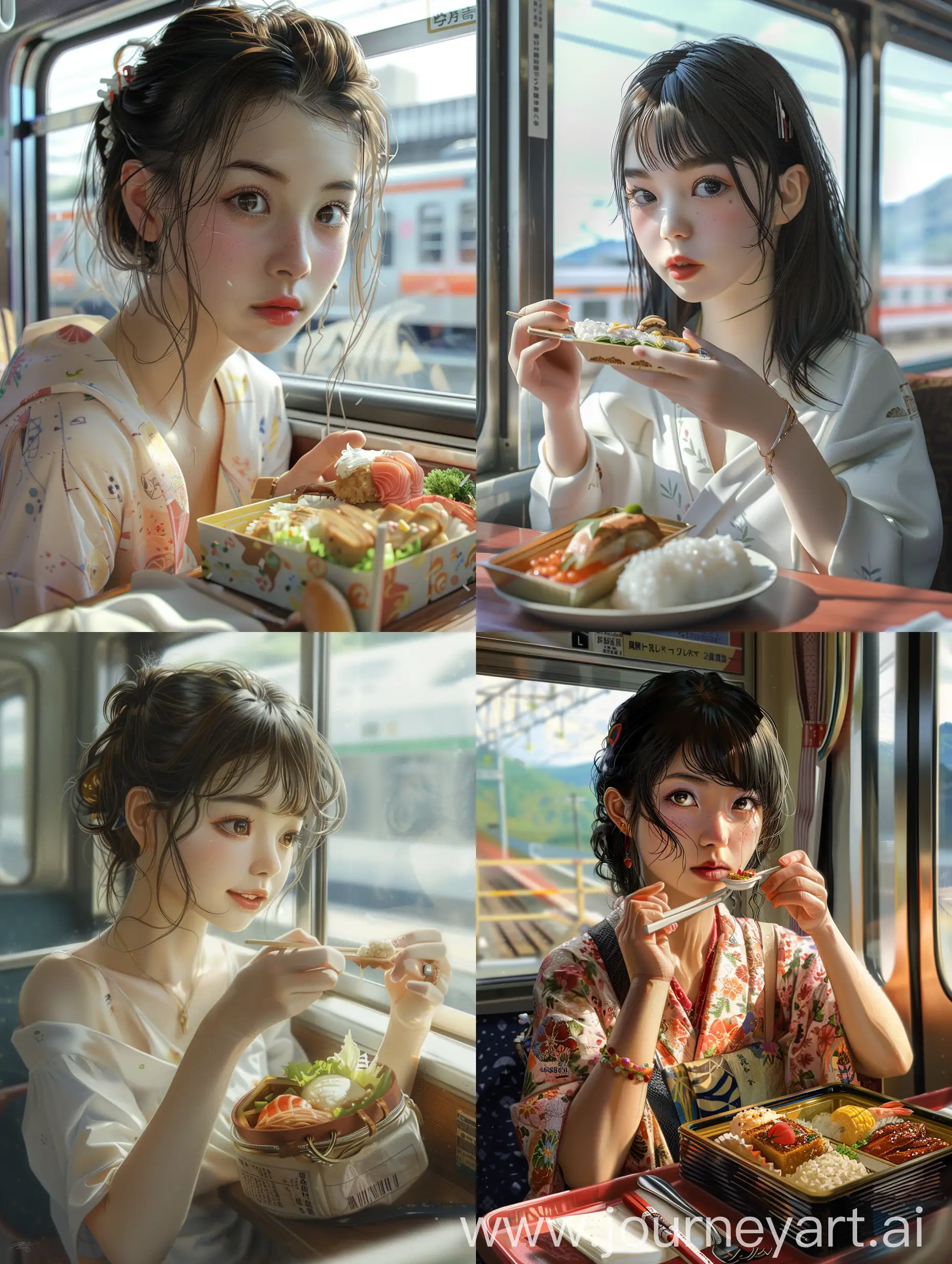 a cute japanese girl with a little european facial features, she is travelling by shinkansen, eating a classic bento, photorealistic, use a high-resolution 32k camera with a raw style, and a quality setting of 2 to capture this timeless scene.