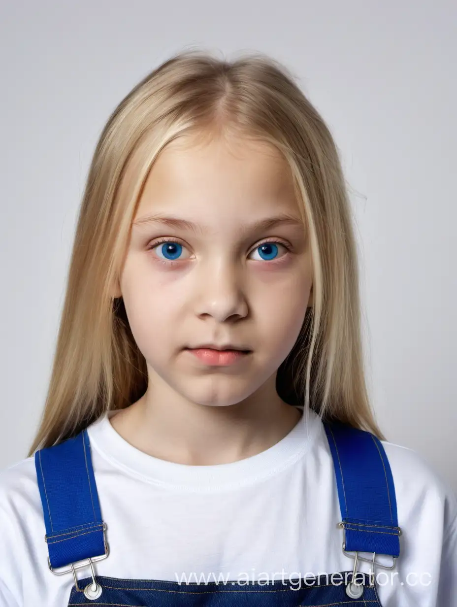 Russian-Blonde-Girl-12-Years-Old-Standing-in-Blue-Overall-on-White-Background