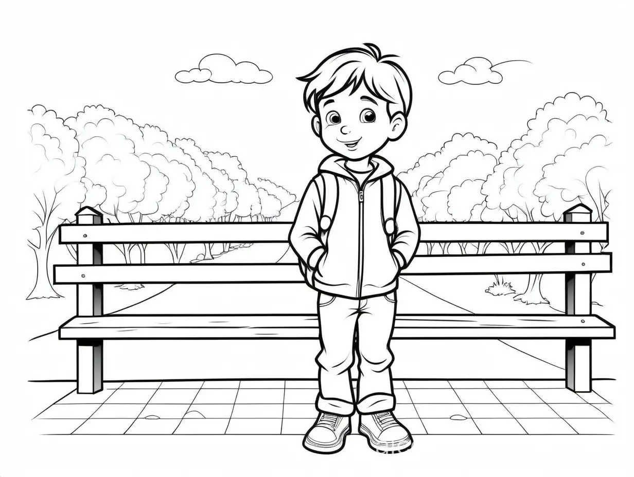 Cute Illustration of  6 year old boy, Coloring Page, waiting for the buss , black and white, line art, white background, Simplicity, Ample White Space. The background of the coloring page is plain white to make it easy for young children to color within the lines. The outlines of all the subjects are easy to distinguish, making it simple for kids to color without too much difficulty, Coloring Page, black and white, line art, white background, Simplicity, Ample White Space. The background of the coloring page is plain white to make it easy for young children to color within the lines. The outlines of all the subjects are easy to distinguish, making it simple for kids to color without too much difficulty