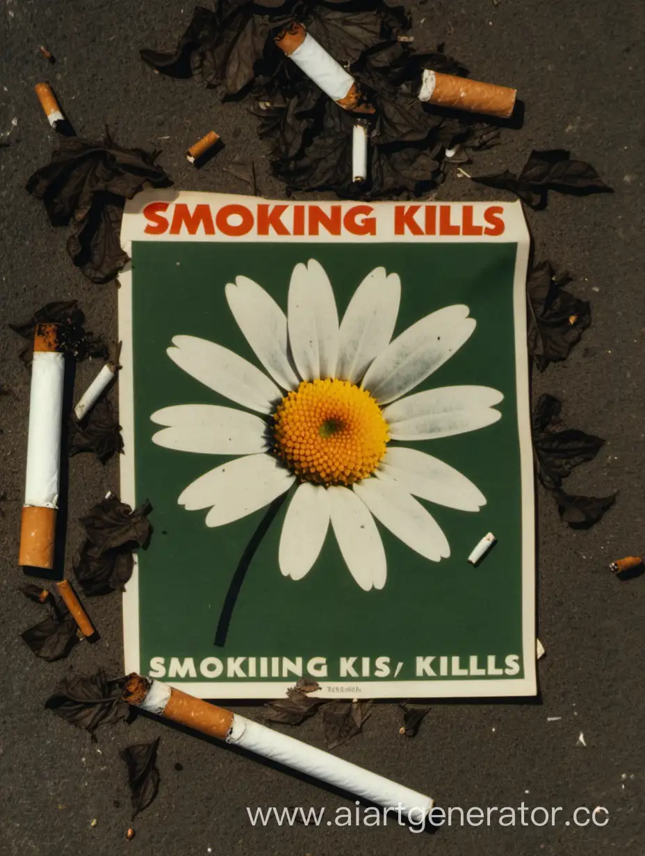Ромашка, на которой с одной стороны листья из сигарет, а на верху картинки надпись курение убивает
