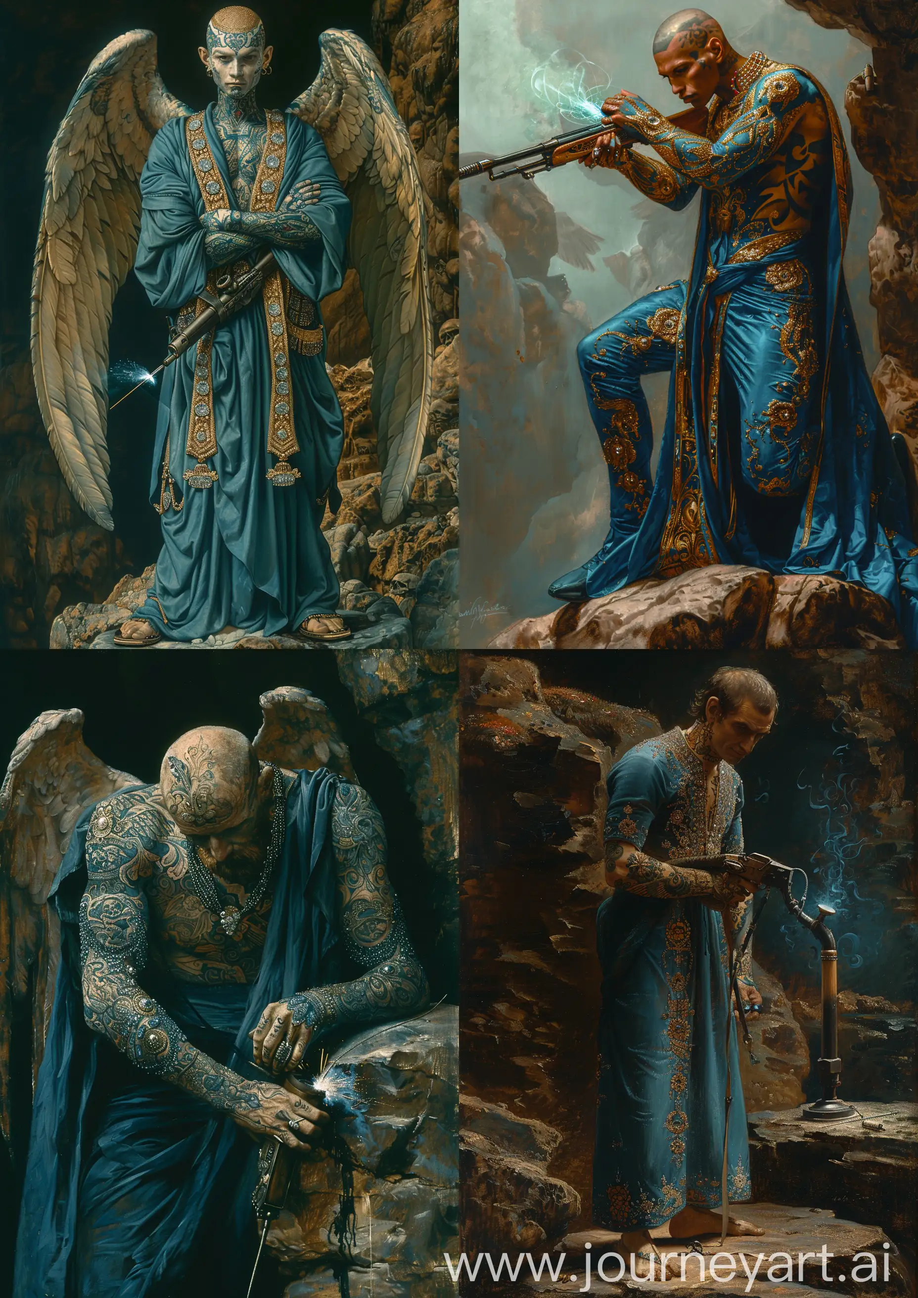 Edward Burne-Jones painting of tattooed army of  angels warrior wearing blue clothes ornate in diamonds, silk and robes, welding a kalashnikov, standing on a rock, high tones, high detailed, full body —c 22 —s 750 —v 6.0 —ar 5:7