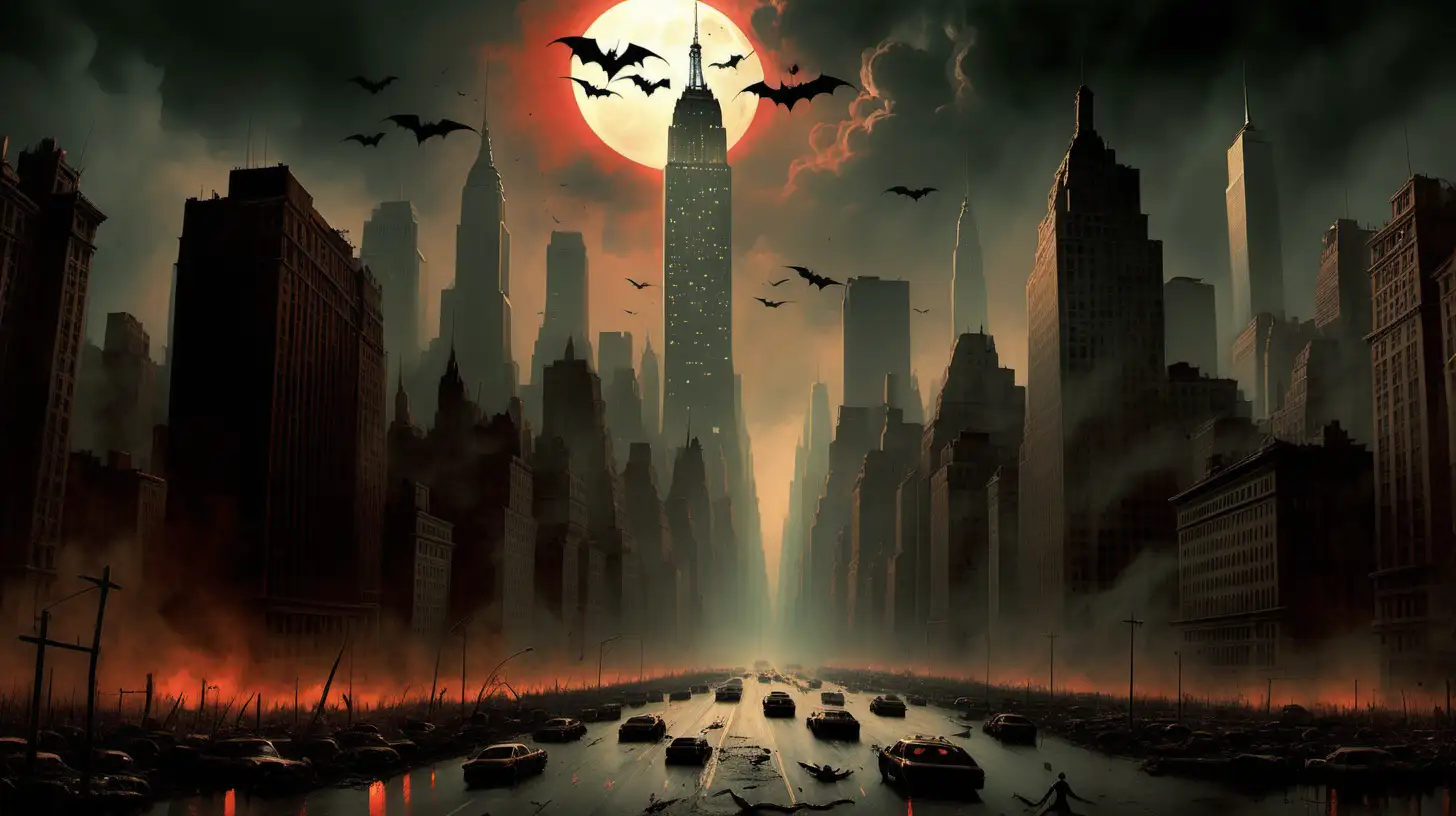dystopian version of NYC after an attack by vampire bats frank frazetta style