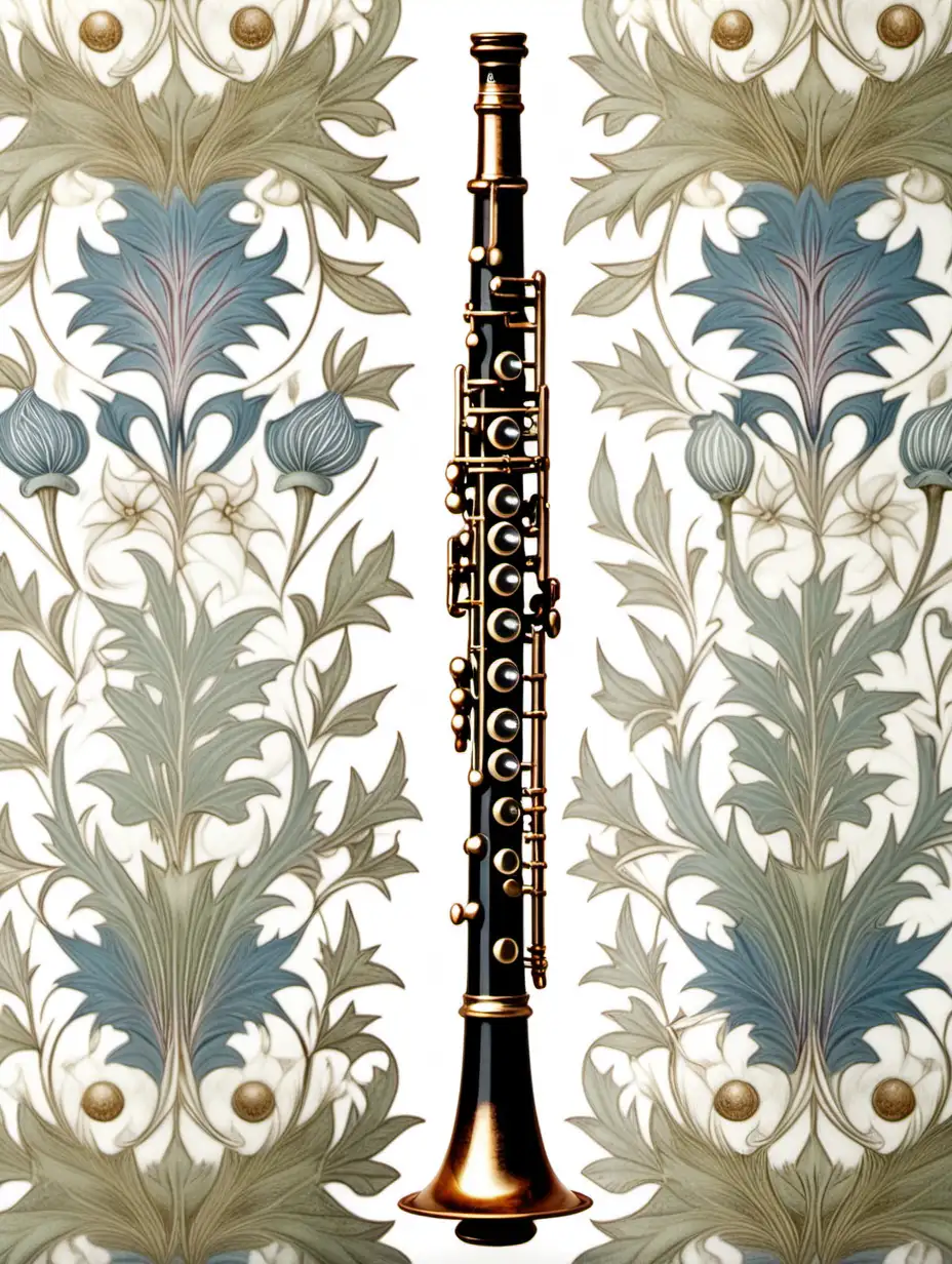 威廉・莫里斯畫風,單簧管,在純白背景前,呈現夢幻感覺,部分模糊不清