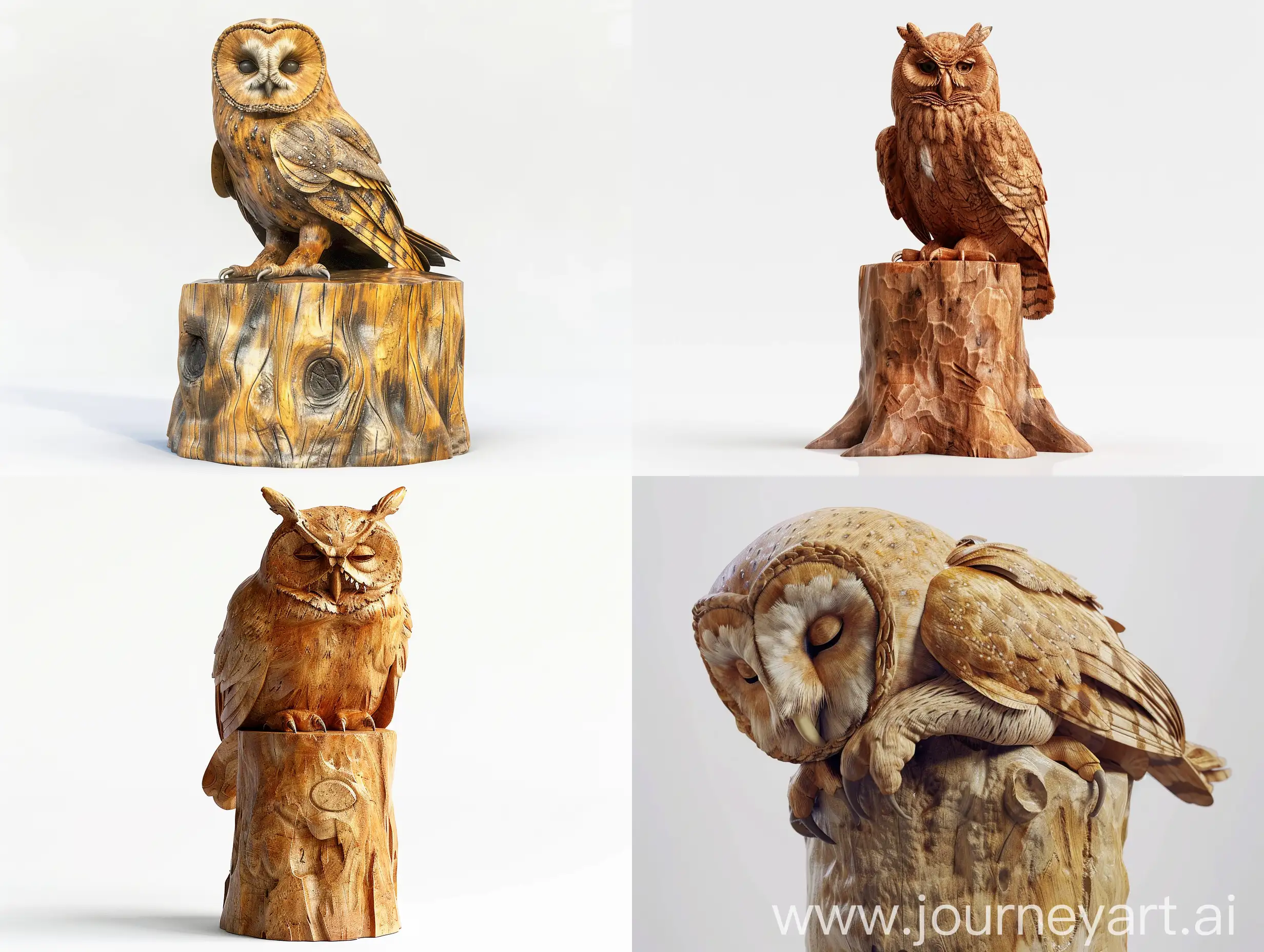 Professional sketch for wooden sculpture, a full-length a owl resting on a cylinder full-face and in profile, professional dynamic character, wood carving, white background, 8k Render, ultra realistic