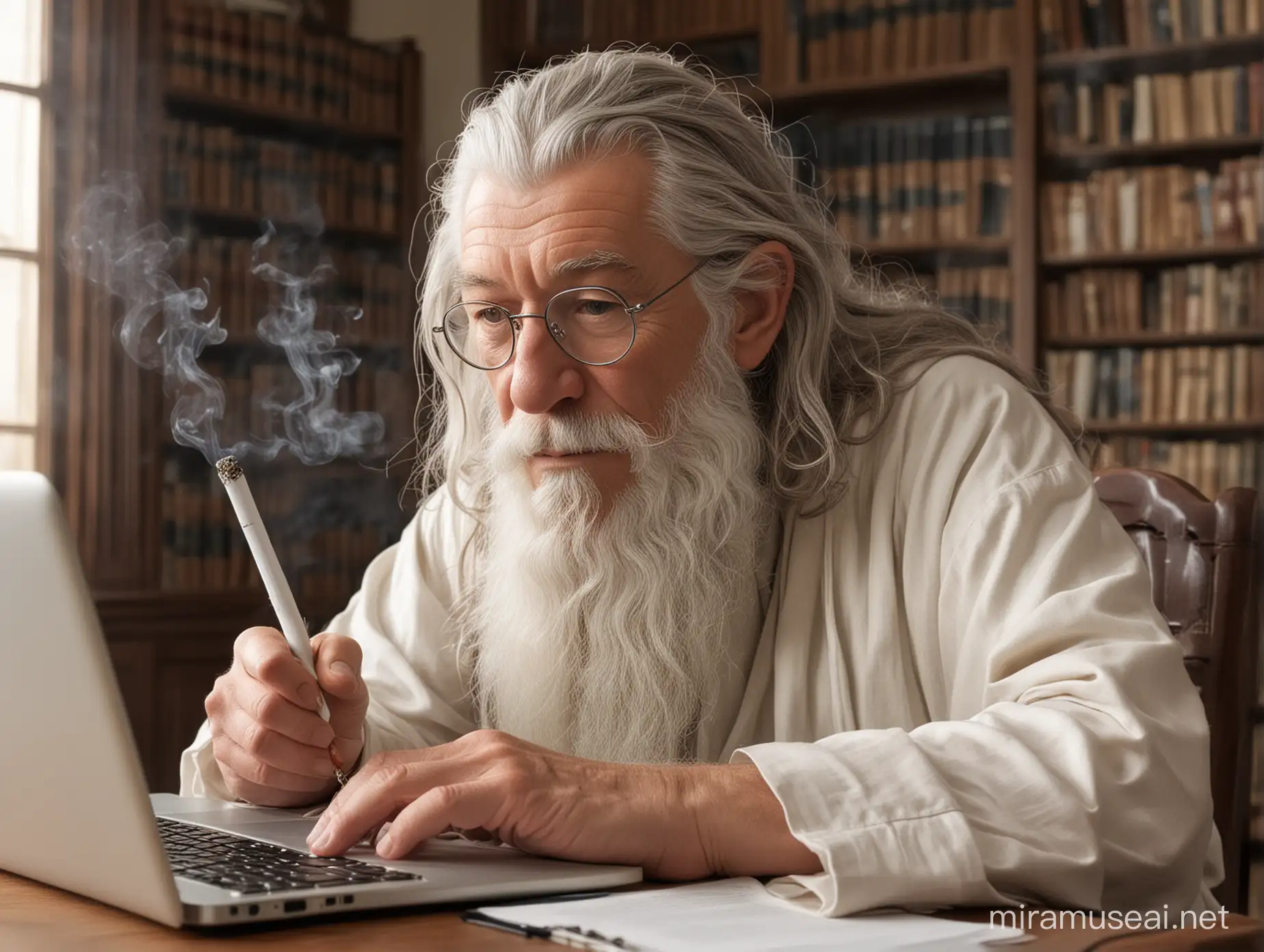 Gandalf in white working on his macbook and smoking a classic pipe in his old school brightly lit office that also looks like a library. Put some nerdy looking glasses on gandalf