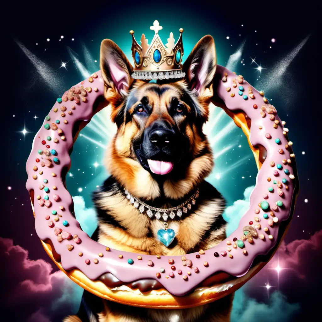 A majestic happy and magical German Shepherd in a fantasy theme, wearing jewelry while lording over a donut. Also wearing a tiara