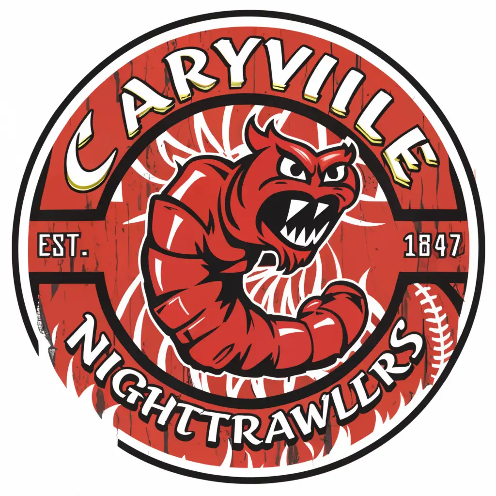 a logo design,with the text "Caryville Nightcrawlers", main symbol:have the name of the town and the team mascot name on a circular bage logo and then have a mean, giant earthworm wrap itself around, inside, outside and all around the logo and have his head come out on top and look straight forward with red eyes and a mean face, Moderate,be used in Sports Fitness industry,clear background. 
fix the spelling. make the top spell Caryville. Make the bottom spell Nightcrawlers. remove the est. and the 1973 and keep the worm the same
