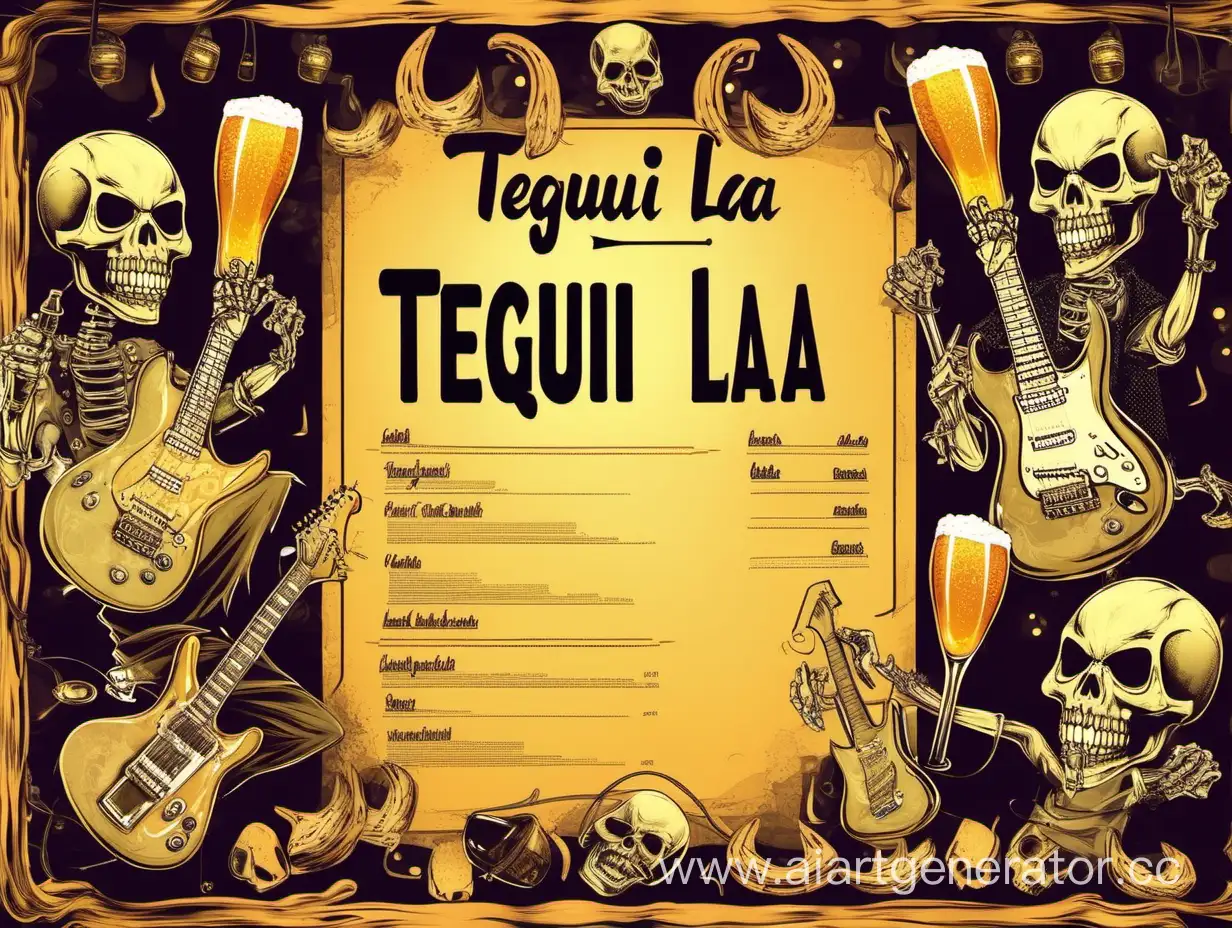 фон меню ночного бара с названием "Tequi la la". 
по середине черепа с электрогитарами.
добавить бокалы пива и шоты с разными коктейлями.
меню с позициями