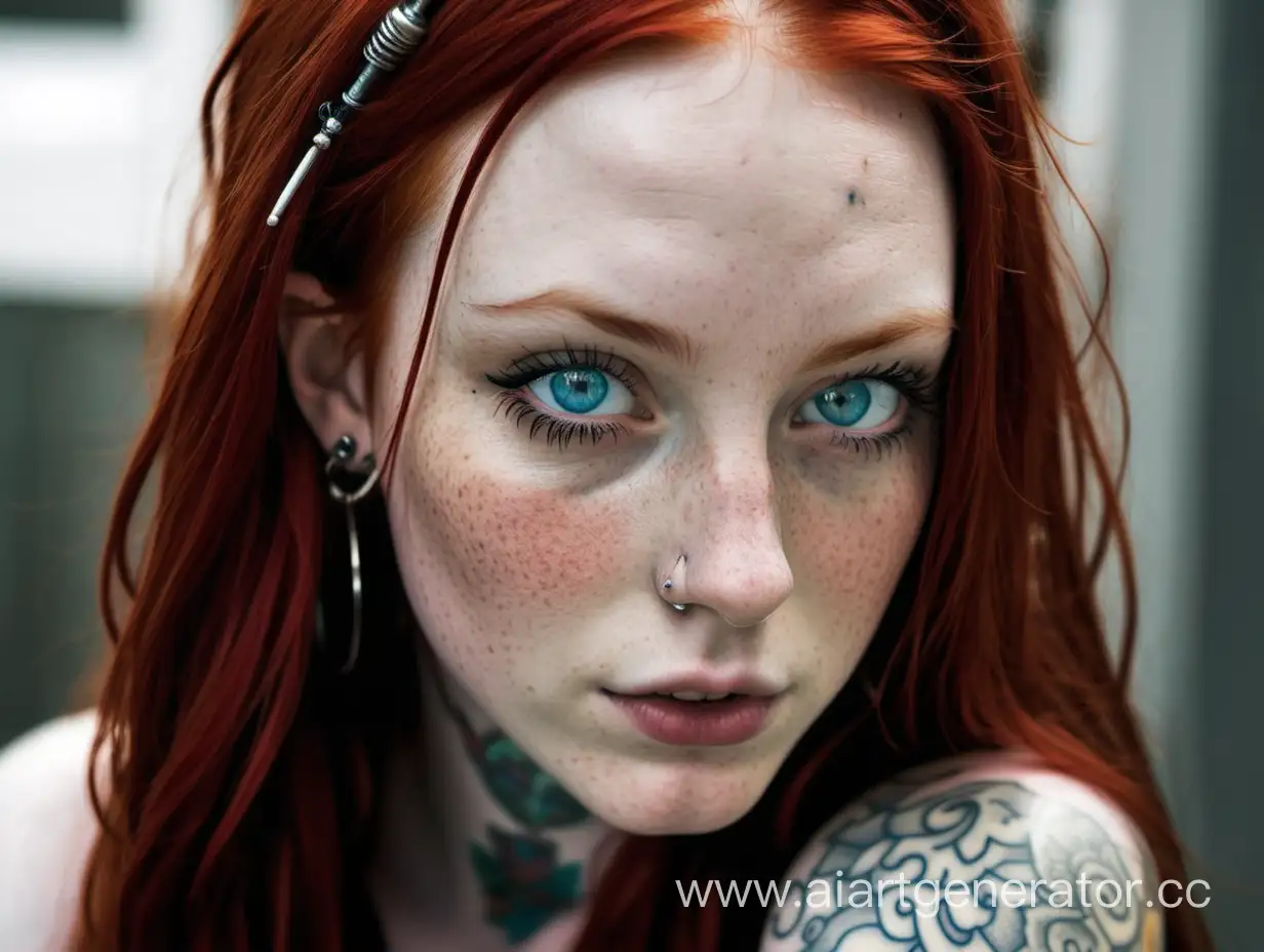 Высокая девушка, с бледной кожей и голубыми глазами, длинными красными  волосами с пирсингом и татуировками в очках, с веснушками