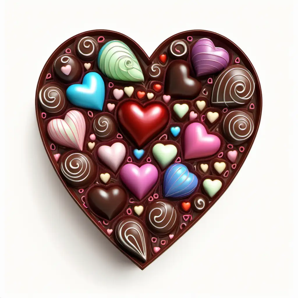 Generate a colorful intricate, fairytale whimsical, detailed VALENTINE themed illustration  of chocolate heart, white background

