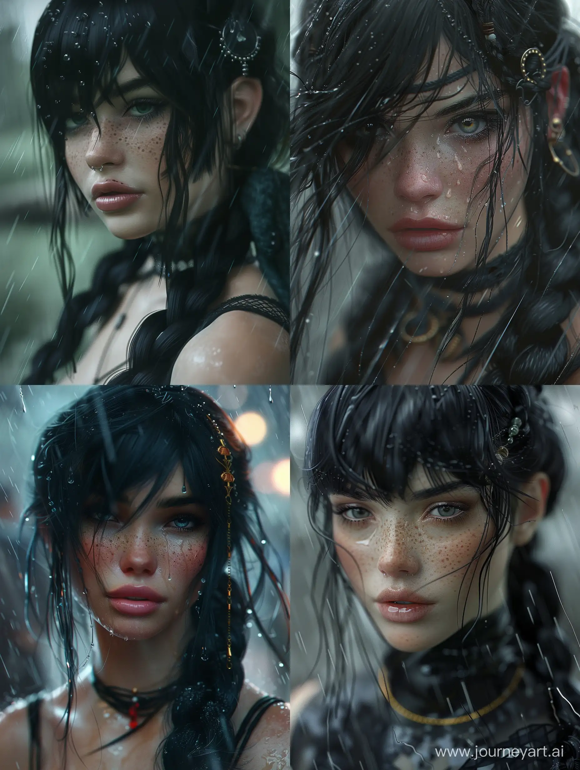 1girl, black hair, braid, cyberpunk, depth of field, freckles, hair ornament, lips, long hair, looking at viewer, rain