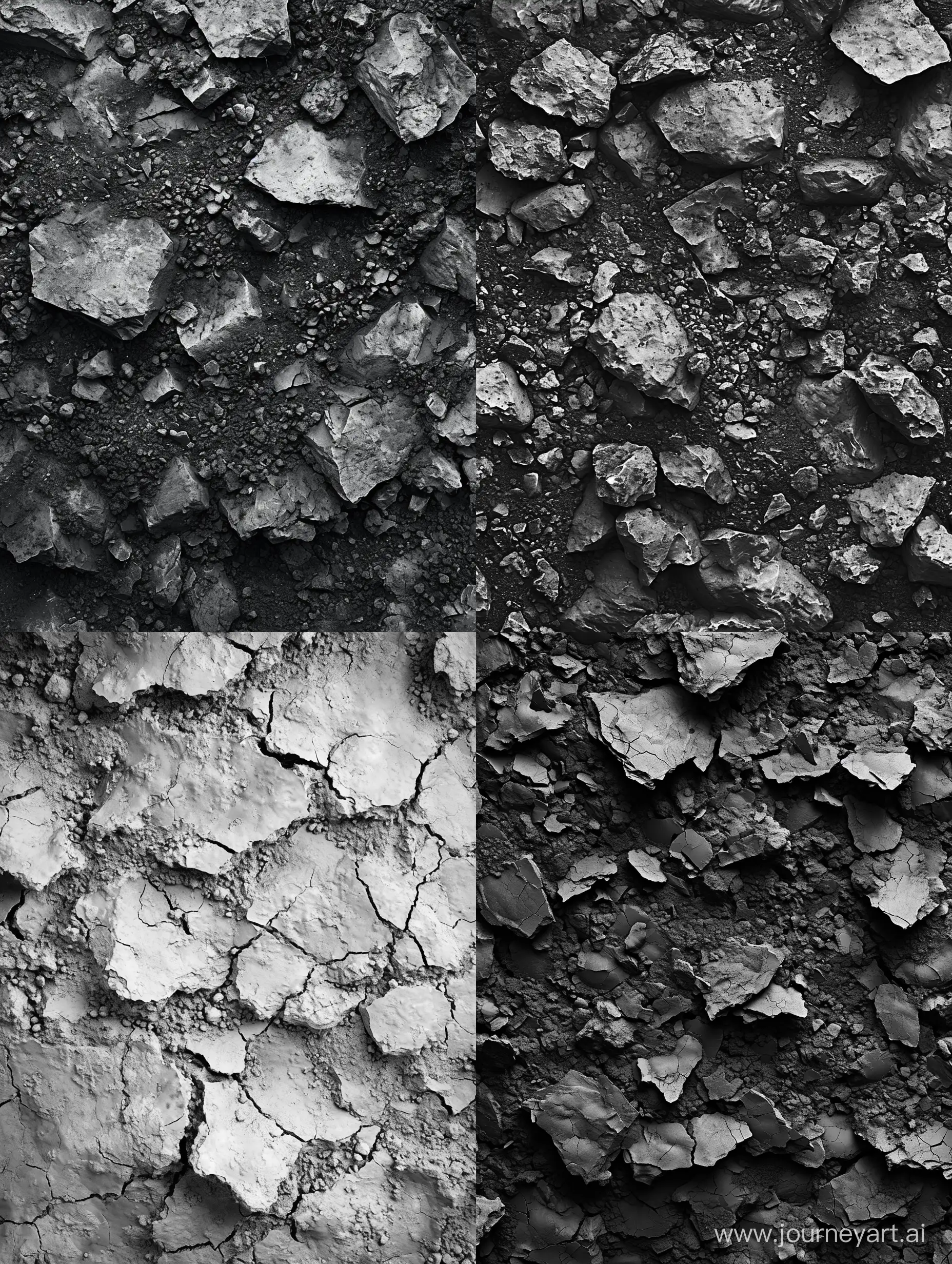 Rocky soil, texture, displacement, top view,black and white, realistic, soft surface