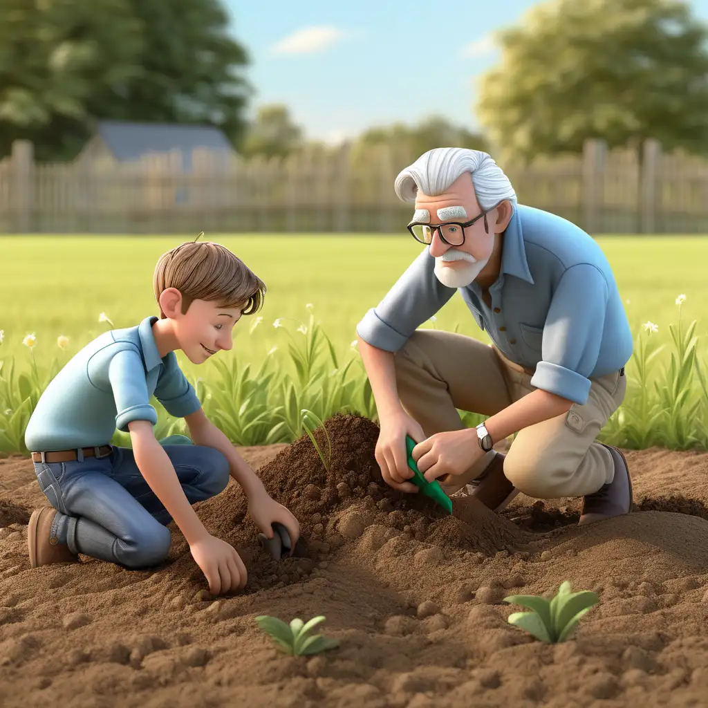 Inter generational Gardening Teenage Boy and Grandfather Cultivating Soil in a Small Field
