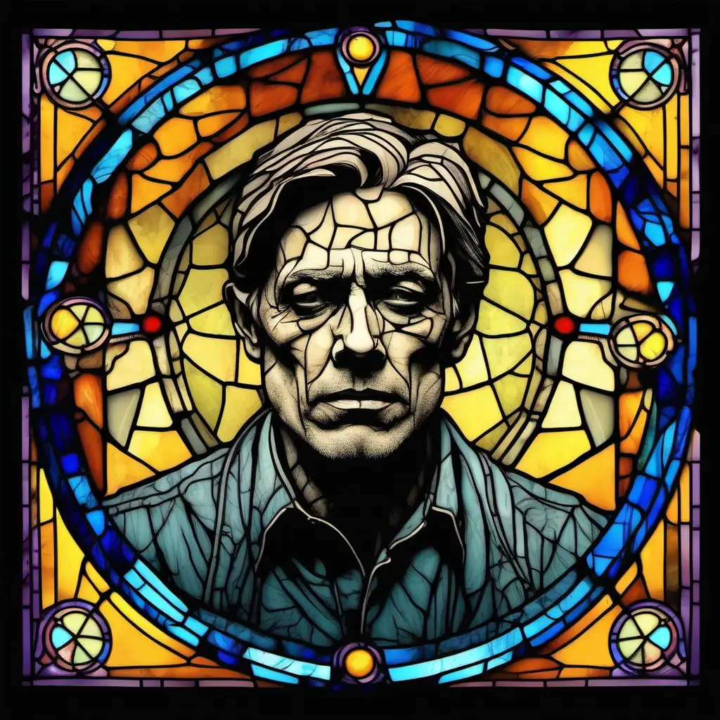 A deep emotional experience.  A portrait of a male, with the cracks in the stain glass highlighting the emotions across his face.

Style: Stained Glass
Mood: Grunge

T -shirt design graphic, vector, contour, solid colours.