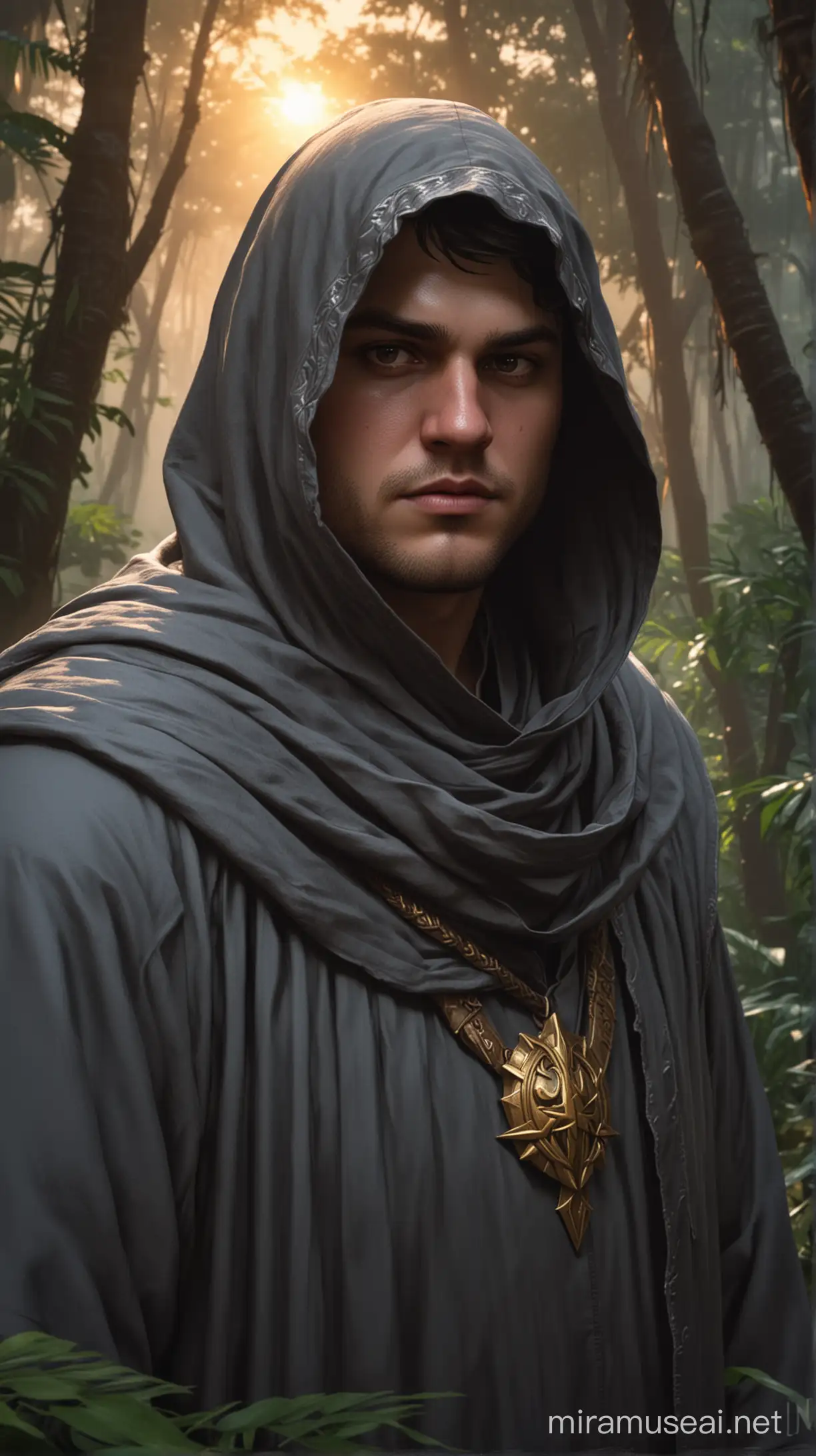 male chubby face,short body,twilight cleric simple long flowing dark gray robes face hidden under a hood sun setting in jungle in background