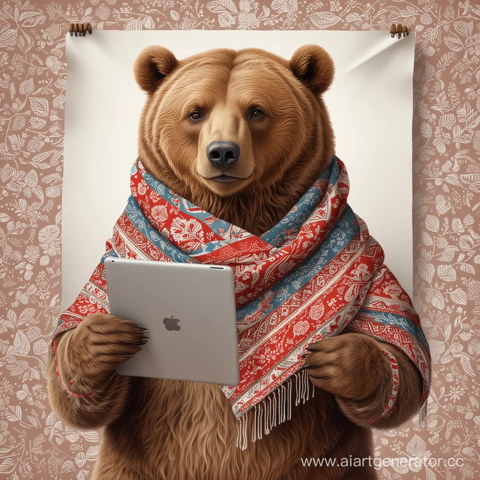 бурый медведь в русском платке с узорами рисует на планшете