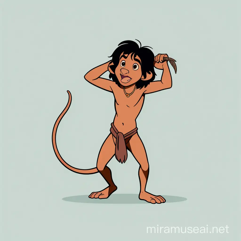 mowgli from jungle book disney, full body, minimalist, vector art, colored illustration with a black outline